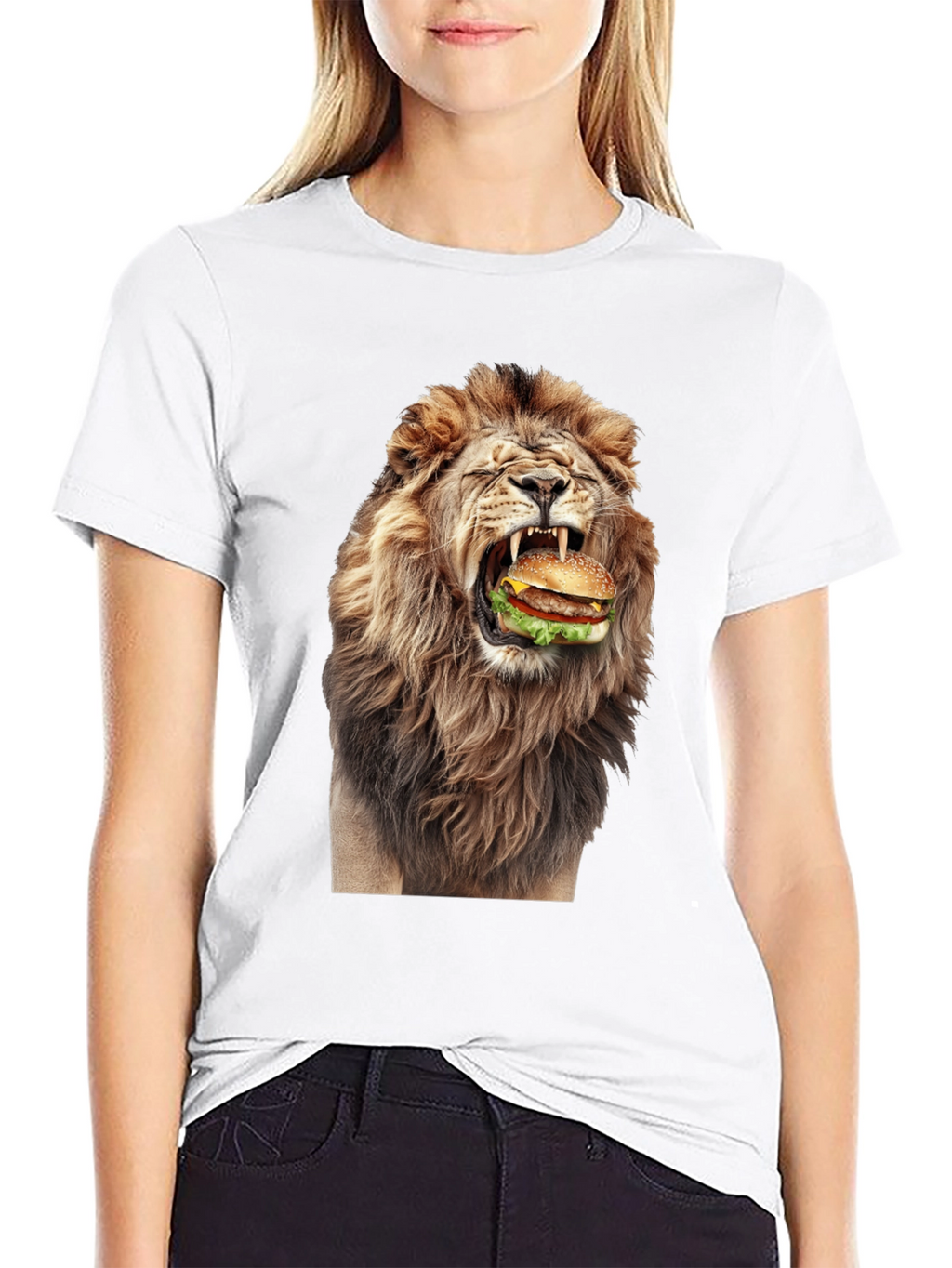 Lion Eating Burger Graphic T-Shirt - Black