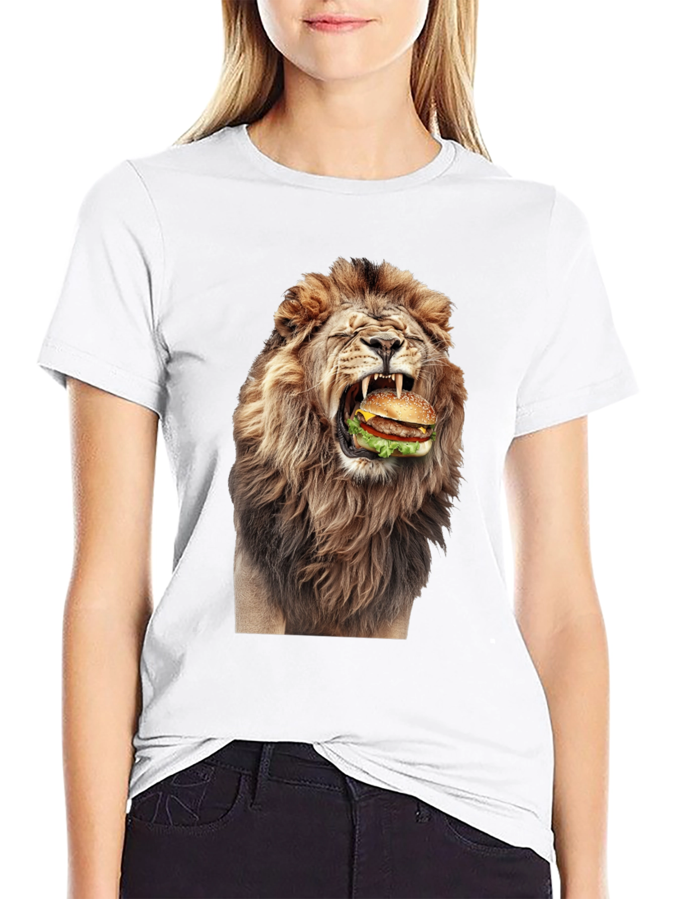 Lion Eating Burger Graphic T-Shirt - Black
