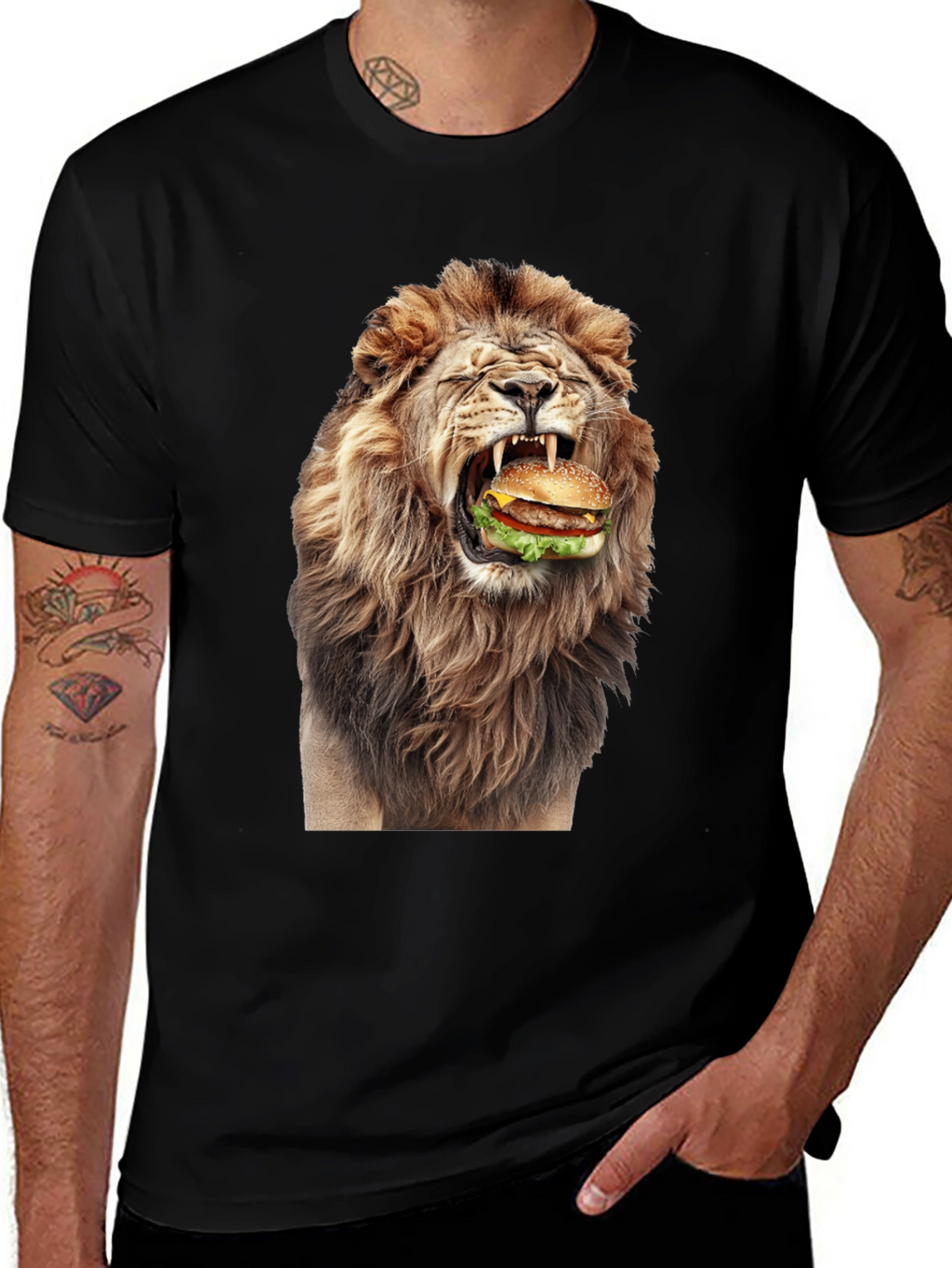 Lion Eating Burger Graphic T-Shirt - Black
