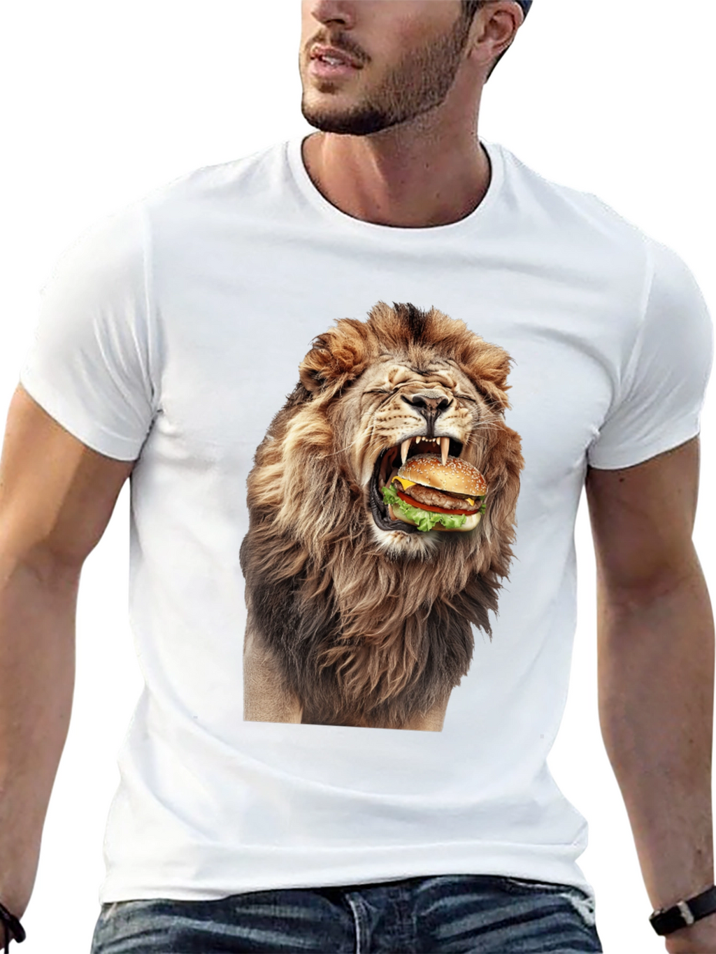 Lion Eating Burger Graphic T-Shirt - Black