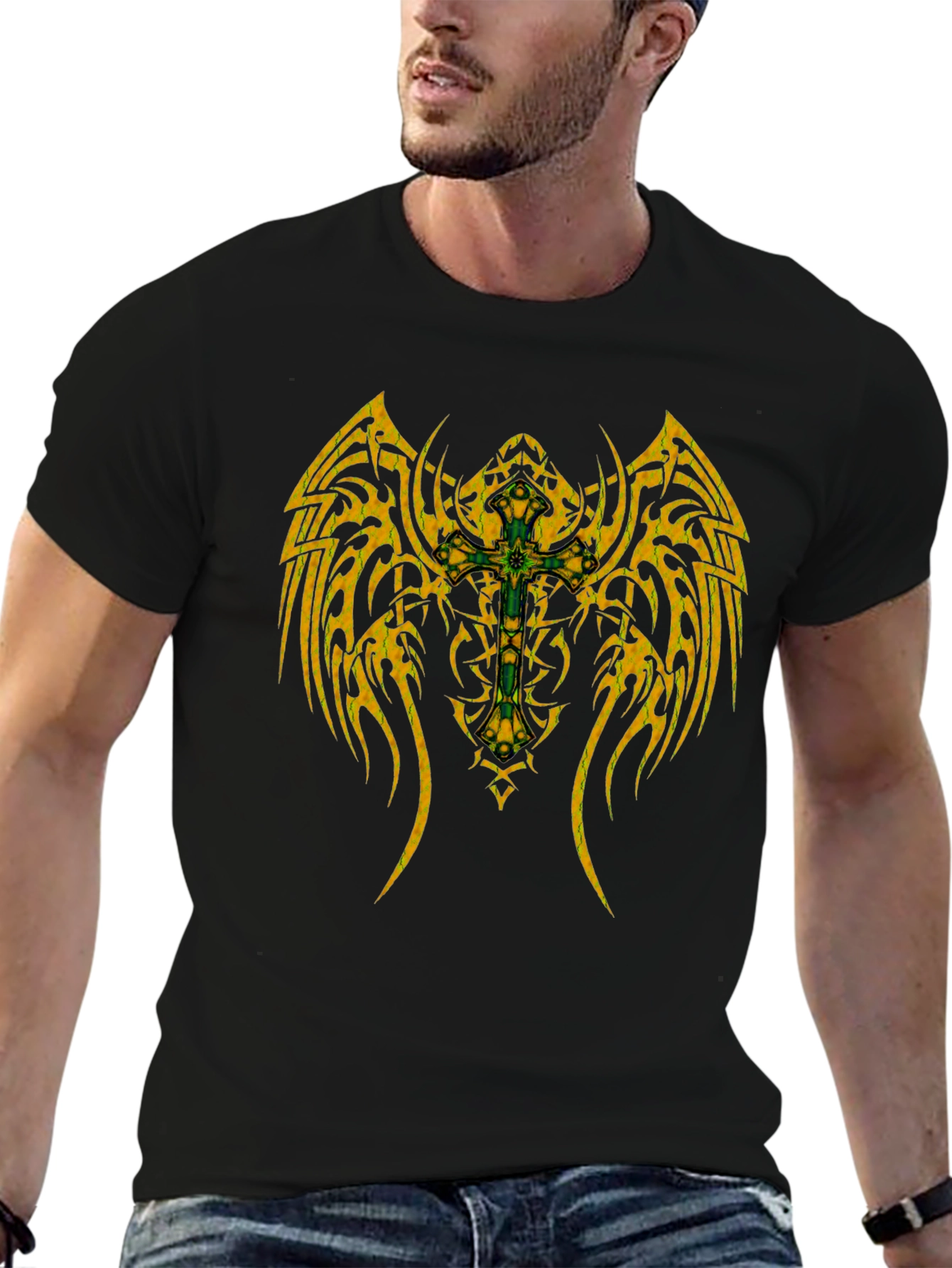 Tribal Cross Wing Graphic Black T-Shirt