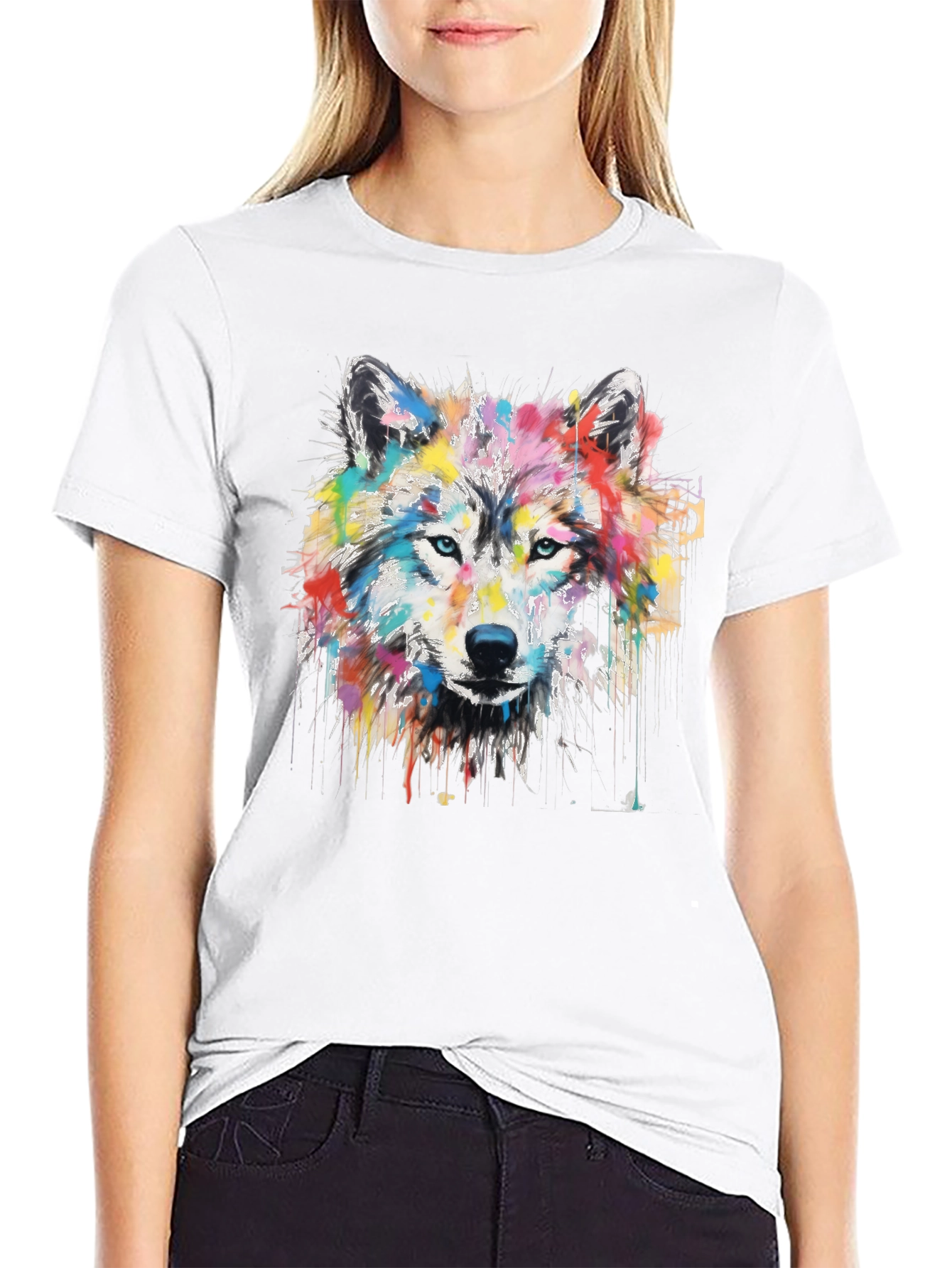 Colorful Wolf Graphic Print Black T-Shirt