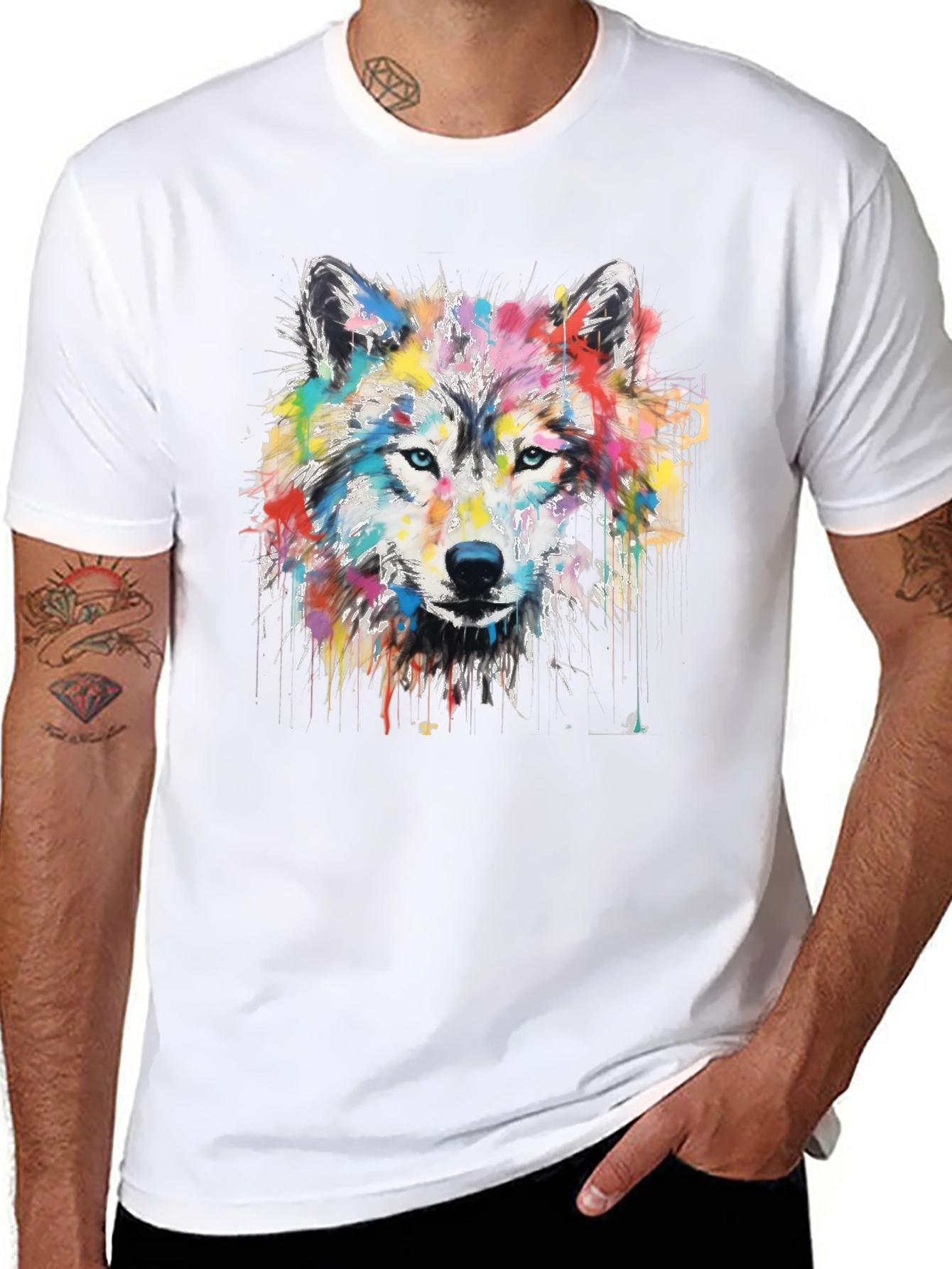 Colorful Wolf Graphic Print Black T-Shirt