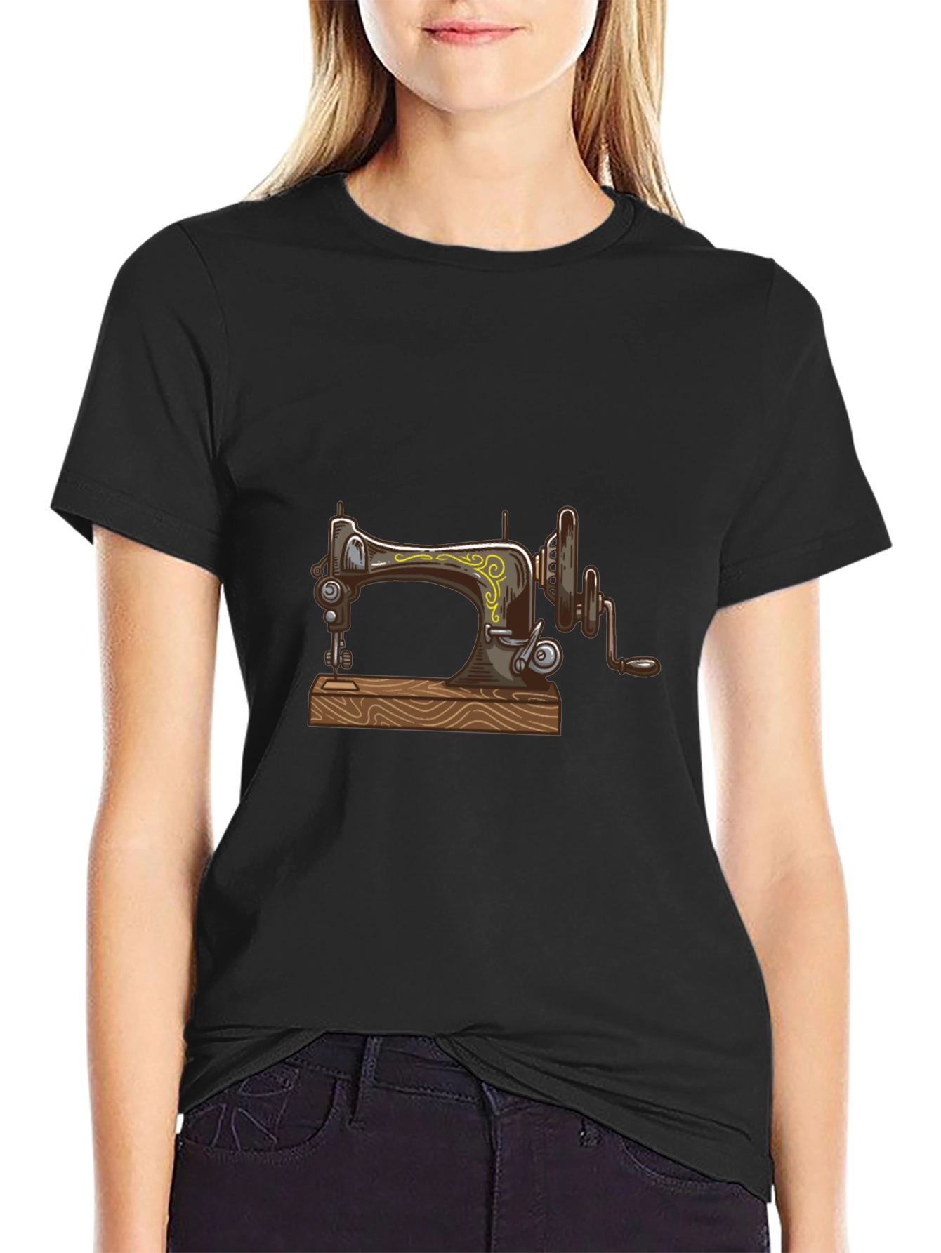 Vintage Sewing Machine Graphic Tee - Black T-Shirt