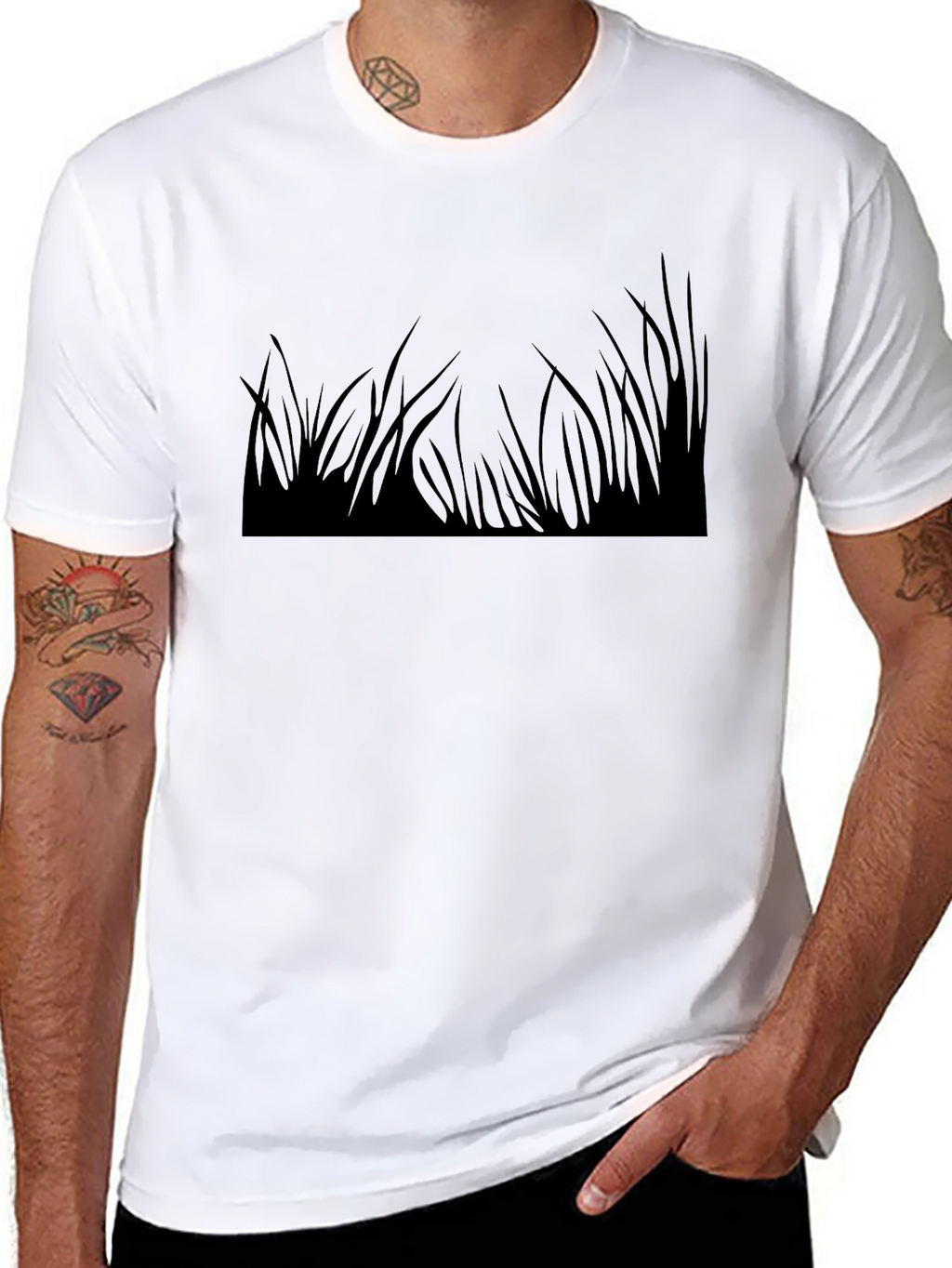 Black T-Shirt with Grass Print