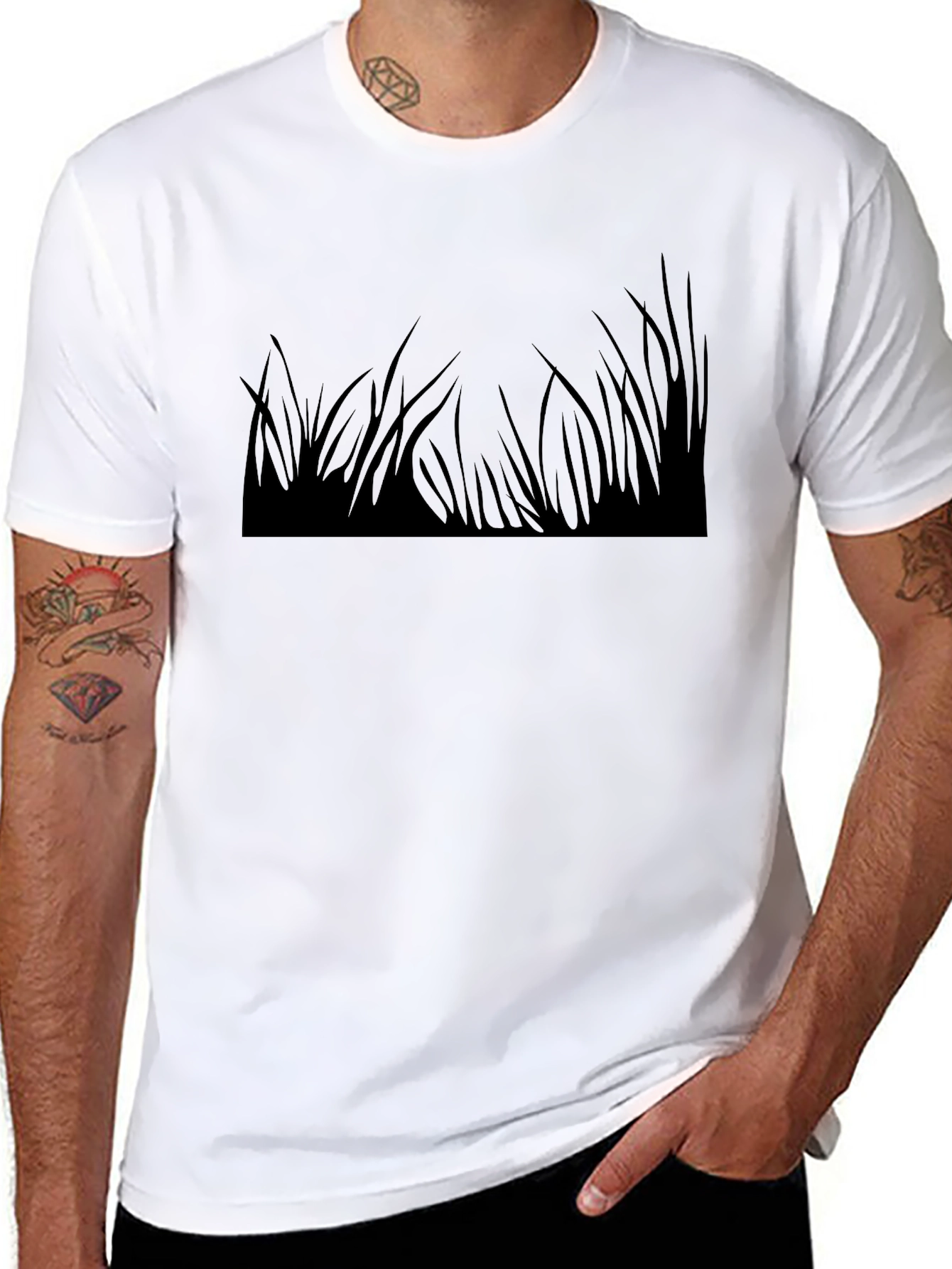 Black T-Shirt with Grass Print