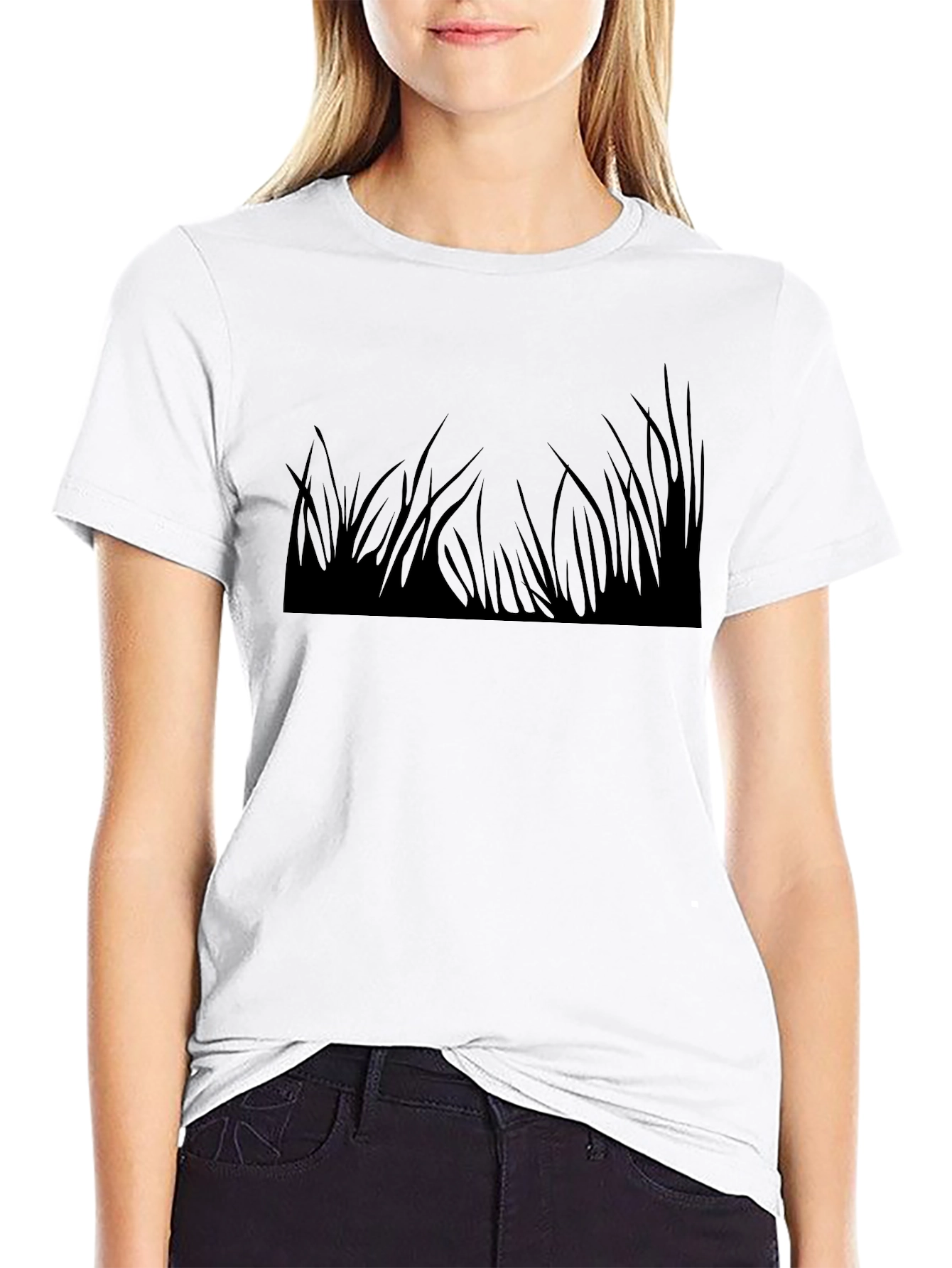 Black T-Shirt with Grass Print