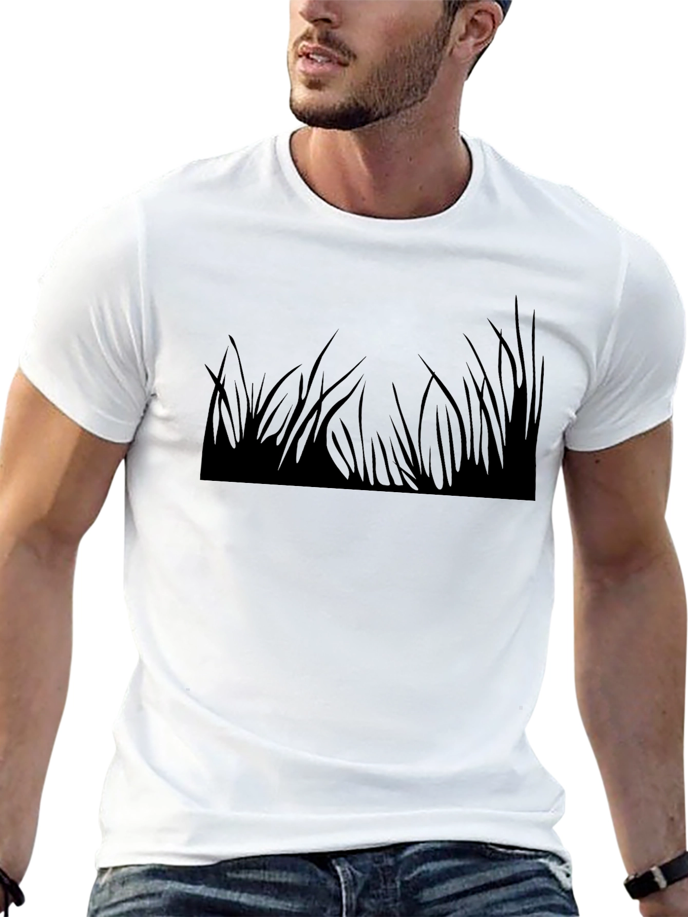 Black T-Shirt with Grass Print