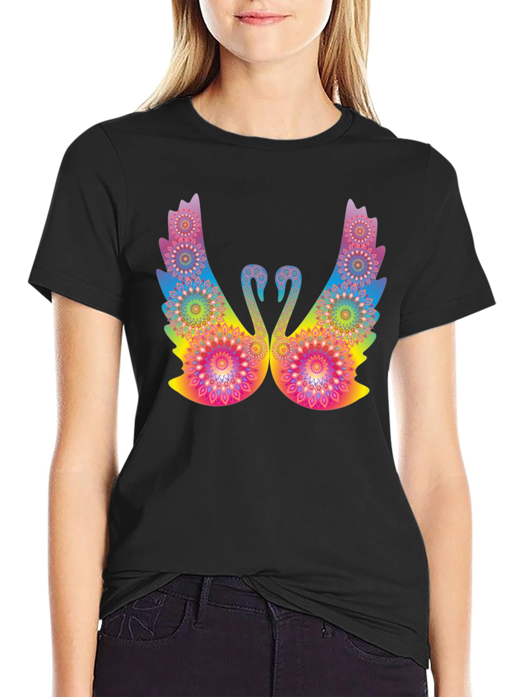Psychedelic Swan Graphic Black T-Shirt