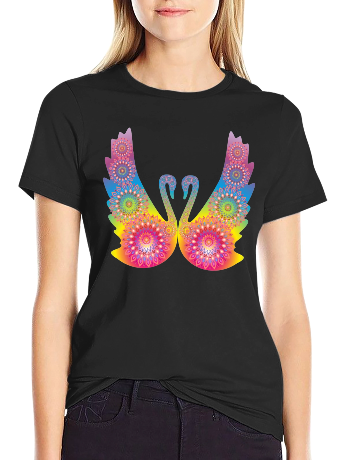 Psychedelic Swan Graphic Black T-Shirt