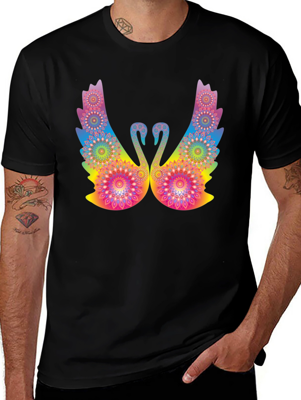 Psychedelic Swan Graphic Black T-Shirt
