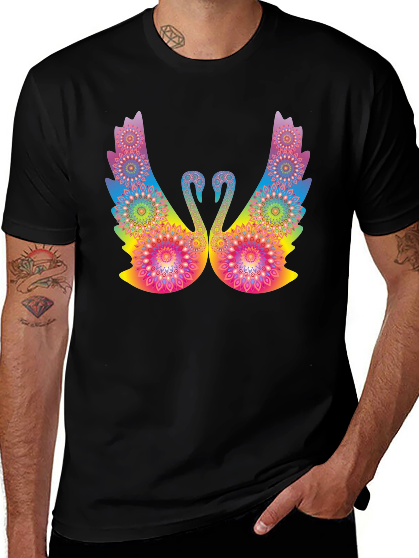 Psychedelic Swan Graphic Black T-Shirt