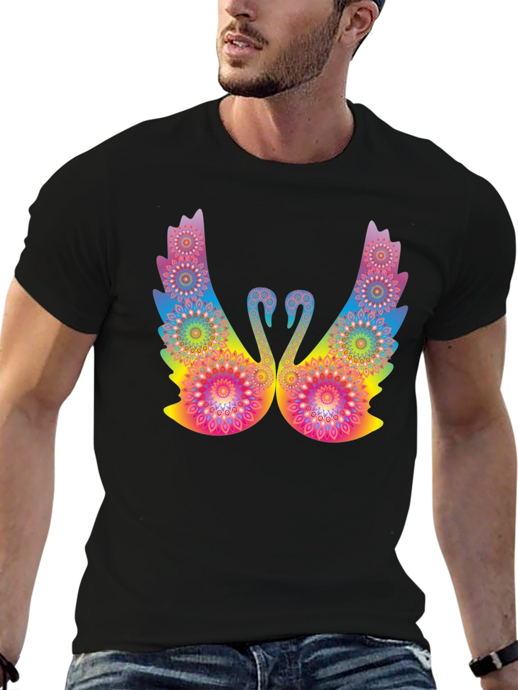 Psychedelic Swan Graphic Black T-Shirt