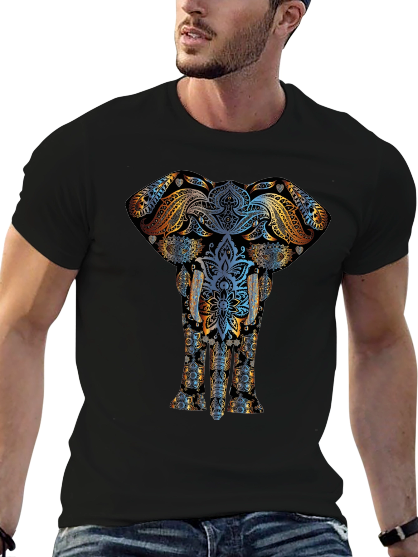 Elephant Mandala Graphic Print Mens Black T-Shirt