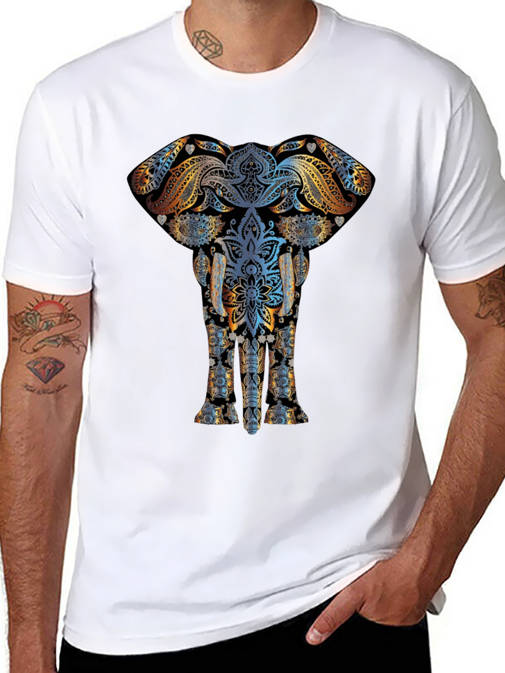 Elephant Mandala Graphic Print Mens Black T-Shirt