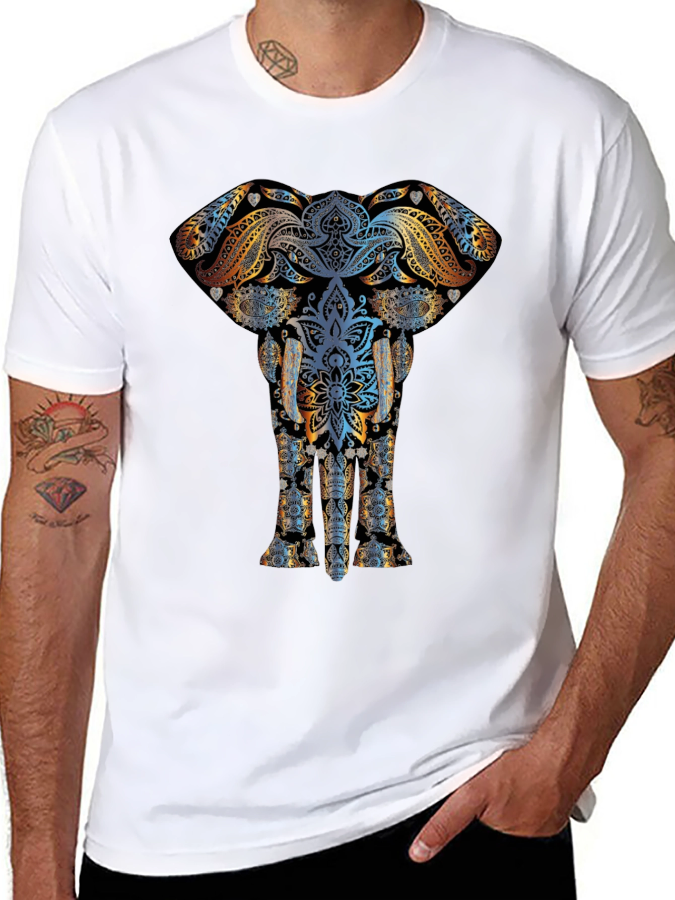 Elephant Mandala Graphic Print Mens Black T-Shirt