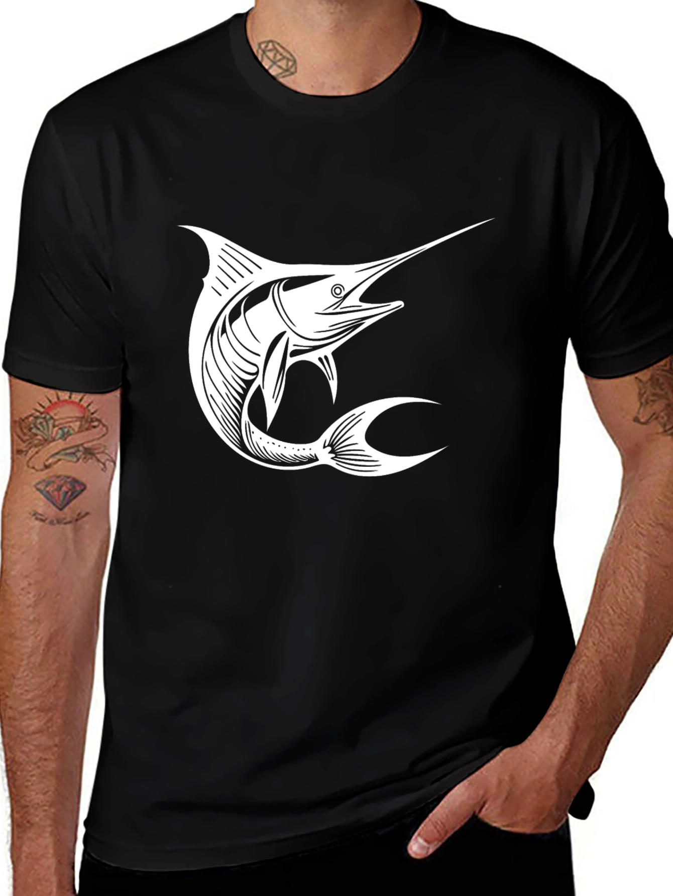 Black T-Shirt with White Marlin Graphic