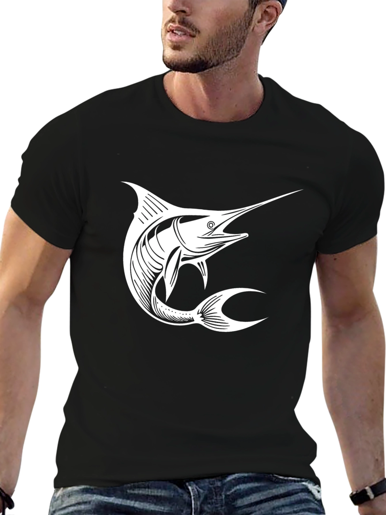 Black T-Shirt with White Marlin Graphic