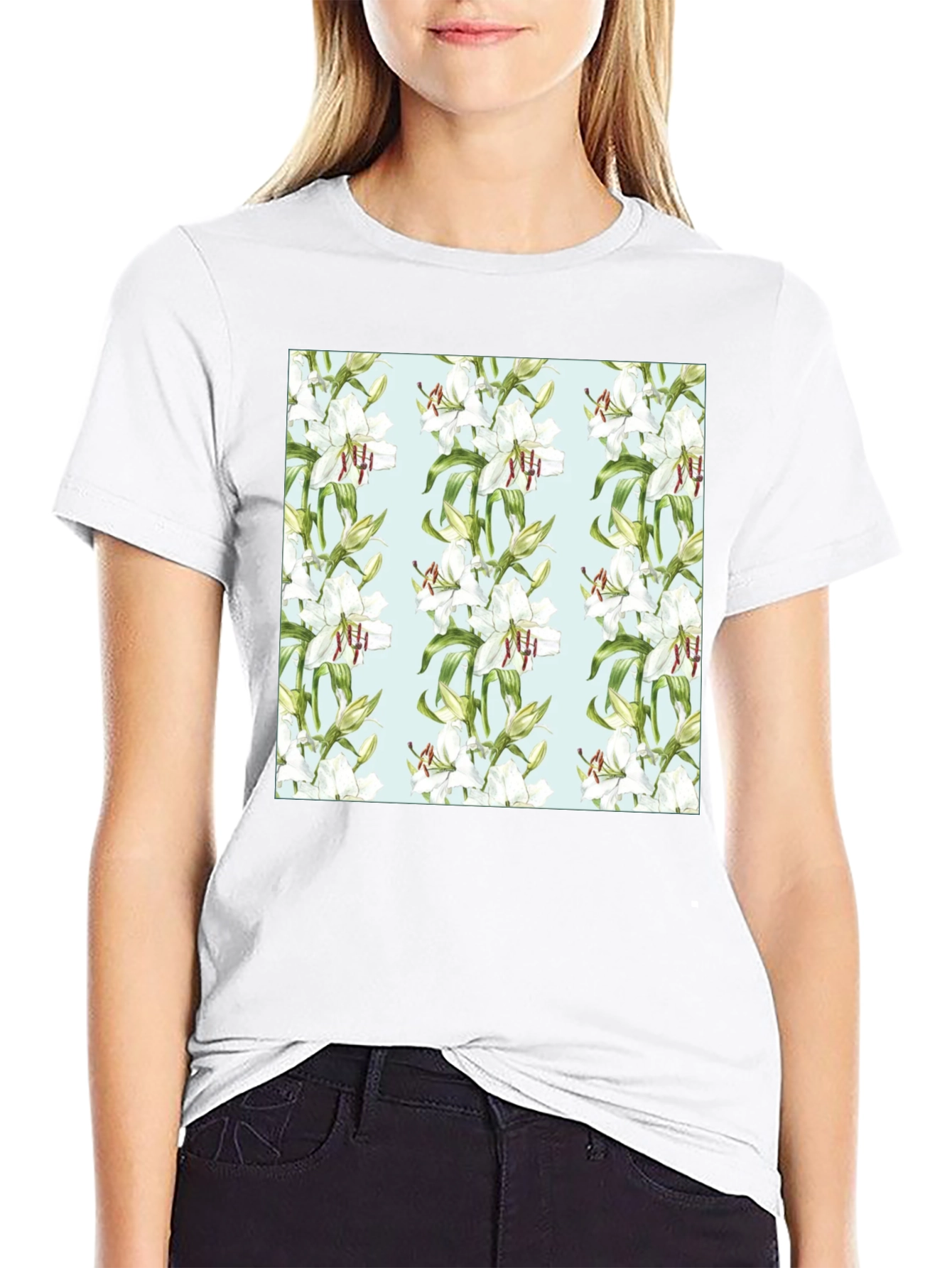 Floral Lily Print Black T-Shirt