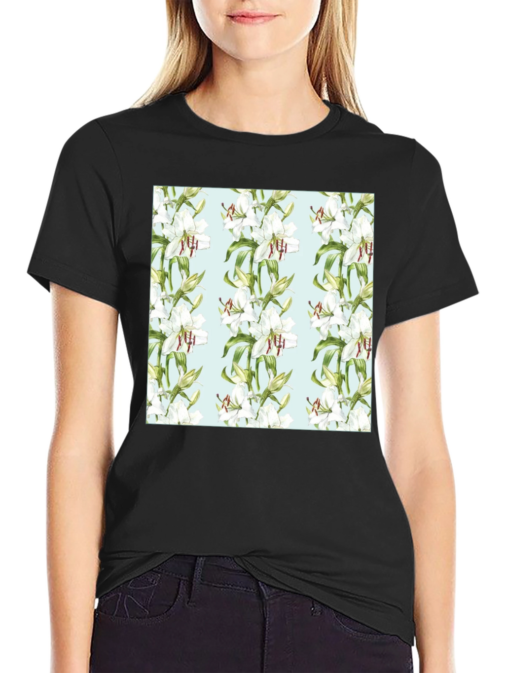 Floral Lily Print Black T-Shirt