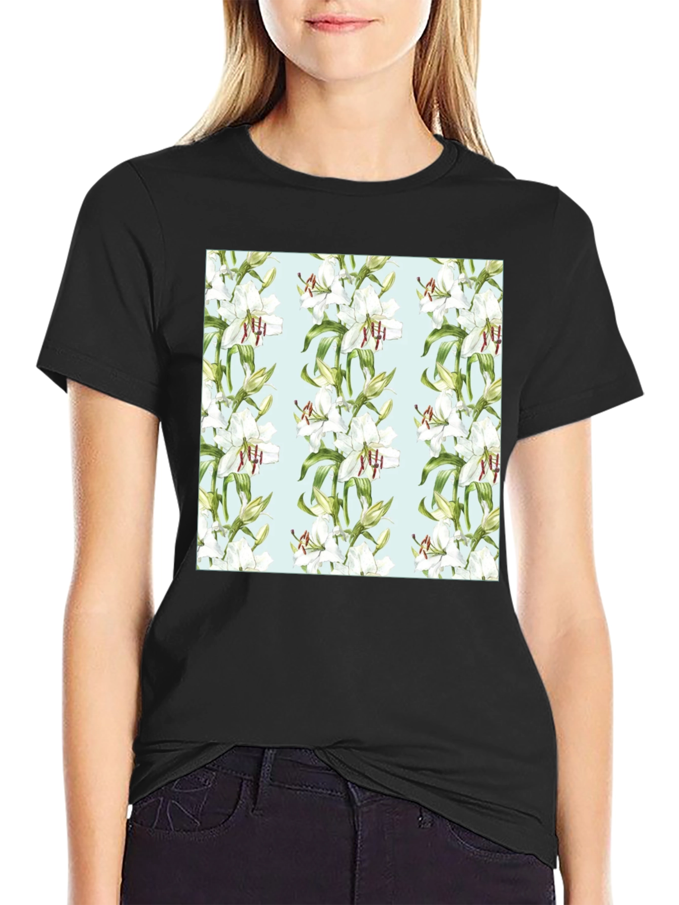 Floral Lily Print Black T-Shirt