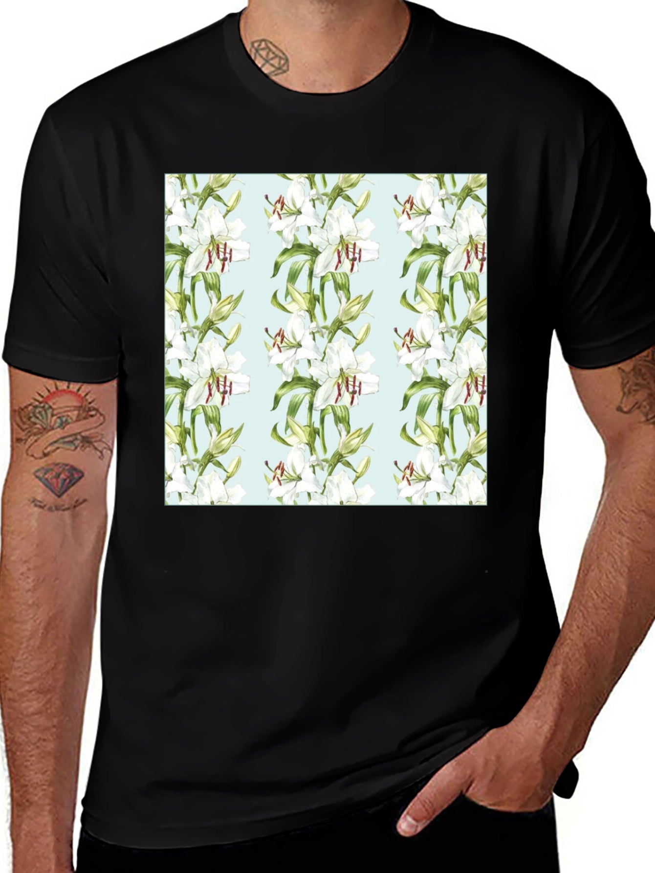 Floral Lily Print Black T-Shirt