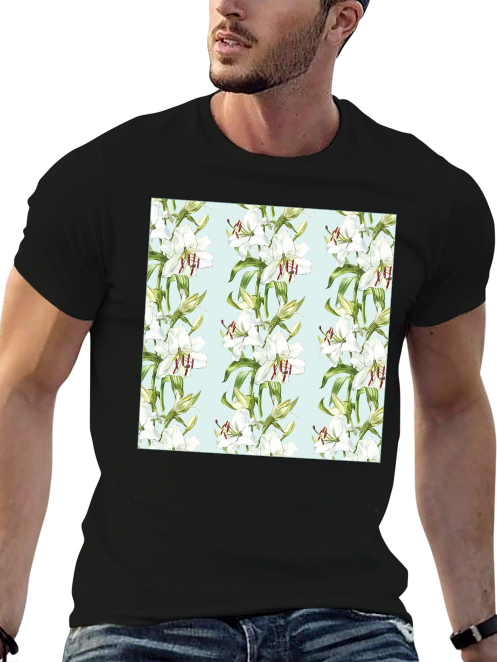 Floral Lily Print Black T-Shirt
