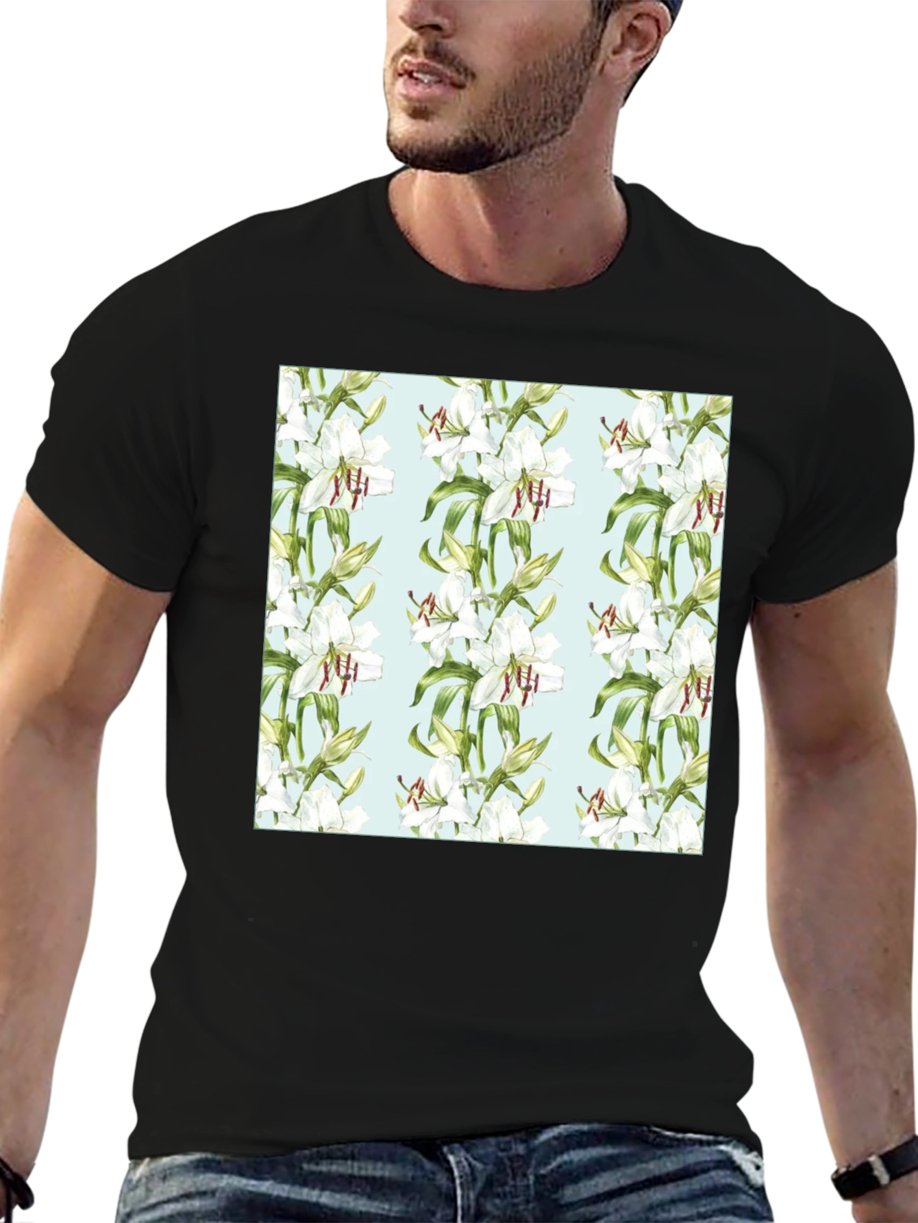 Floral Lily Print Black T-Shirt