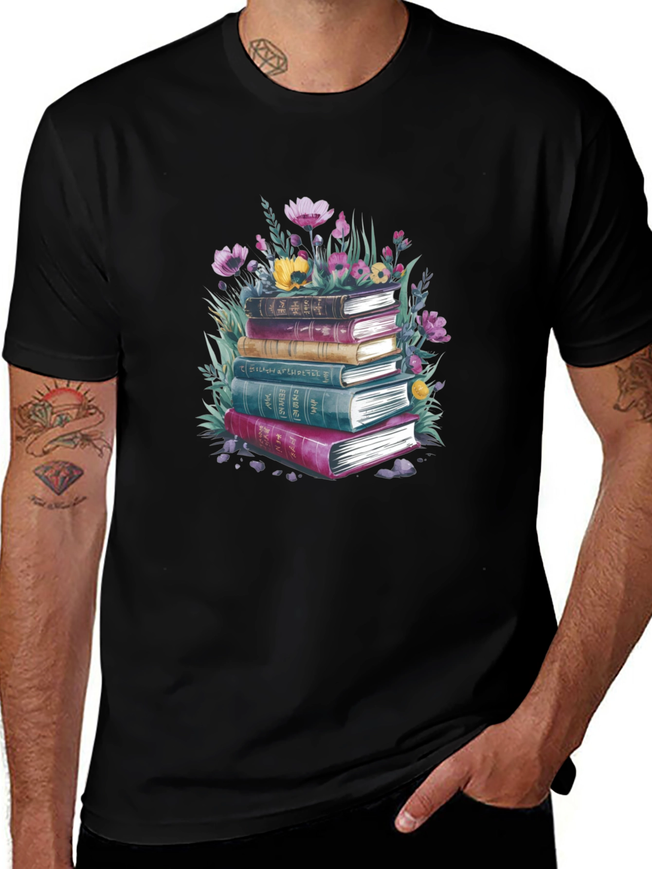 Book Stack & Floral Graphic Tee - Literary Style T-Shirt