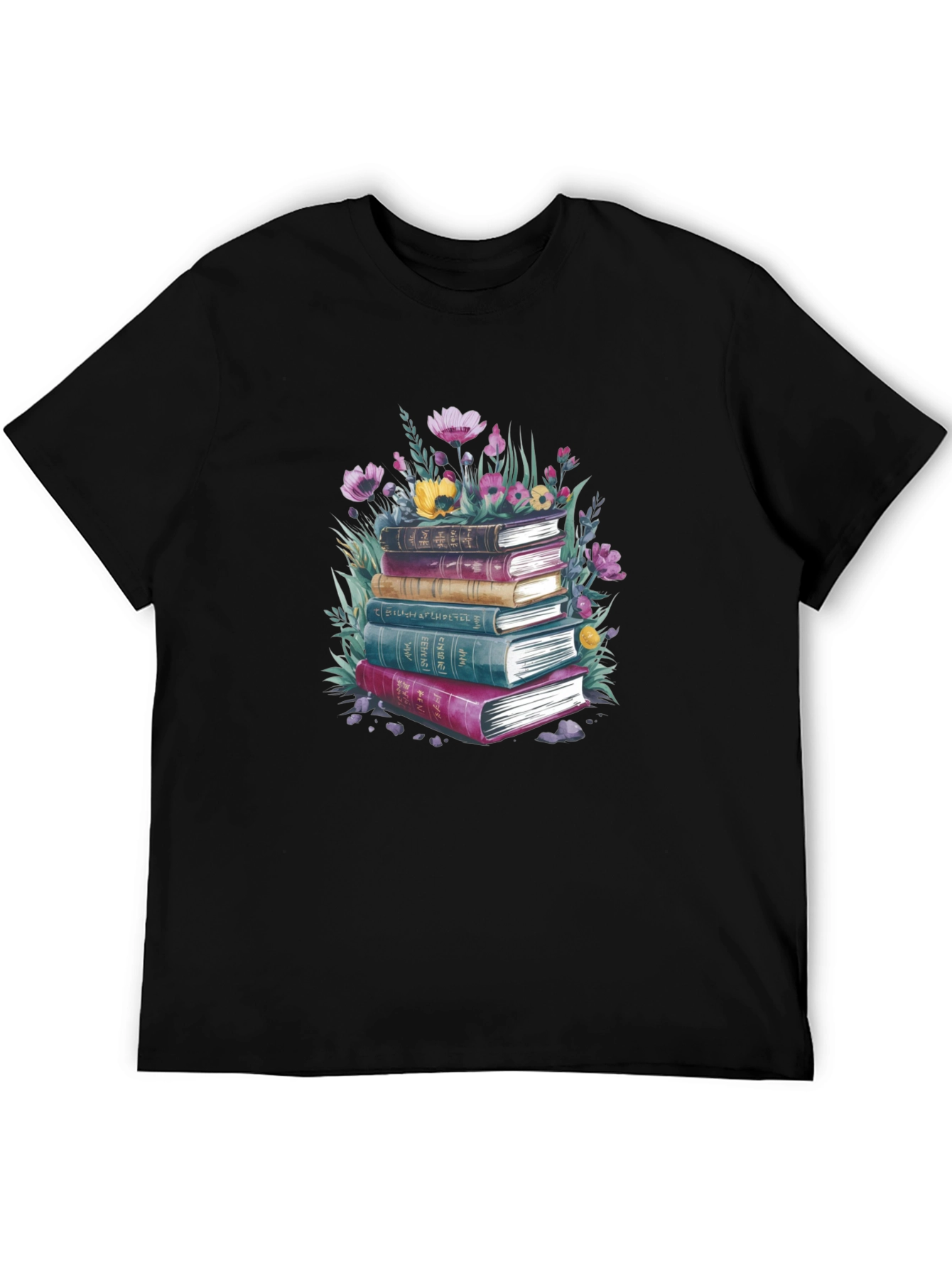 Book Stack & Floral Graphic Tee - Literary Style T-Shirt