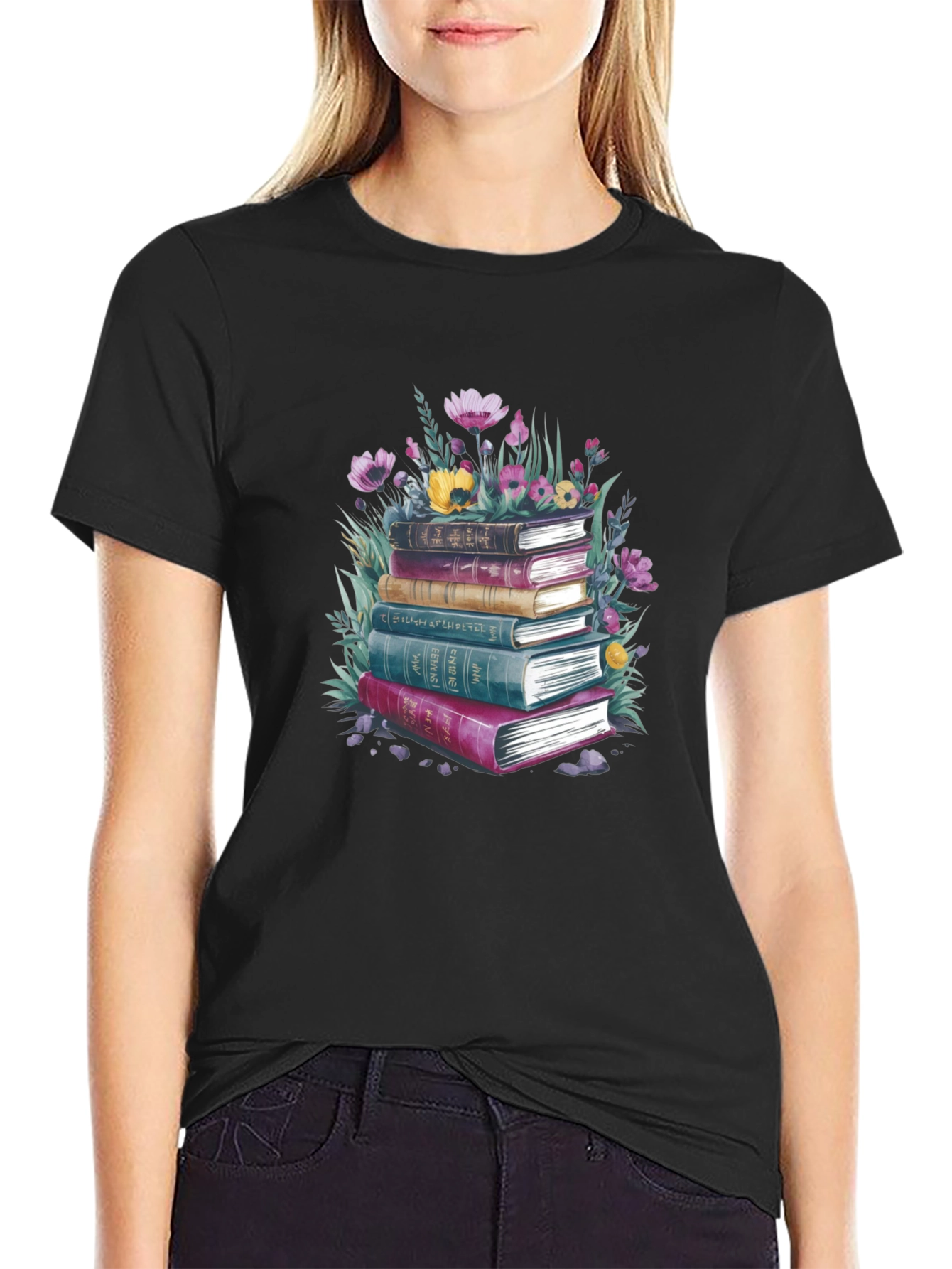 Book Stack & Floral Graphic Tee - Literary Style T-Shirt