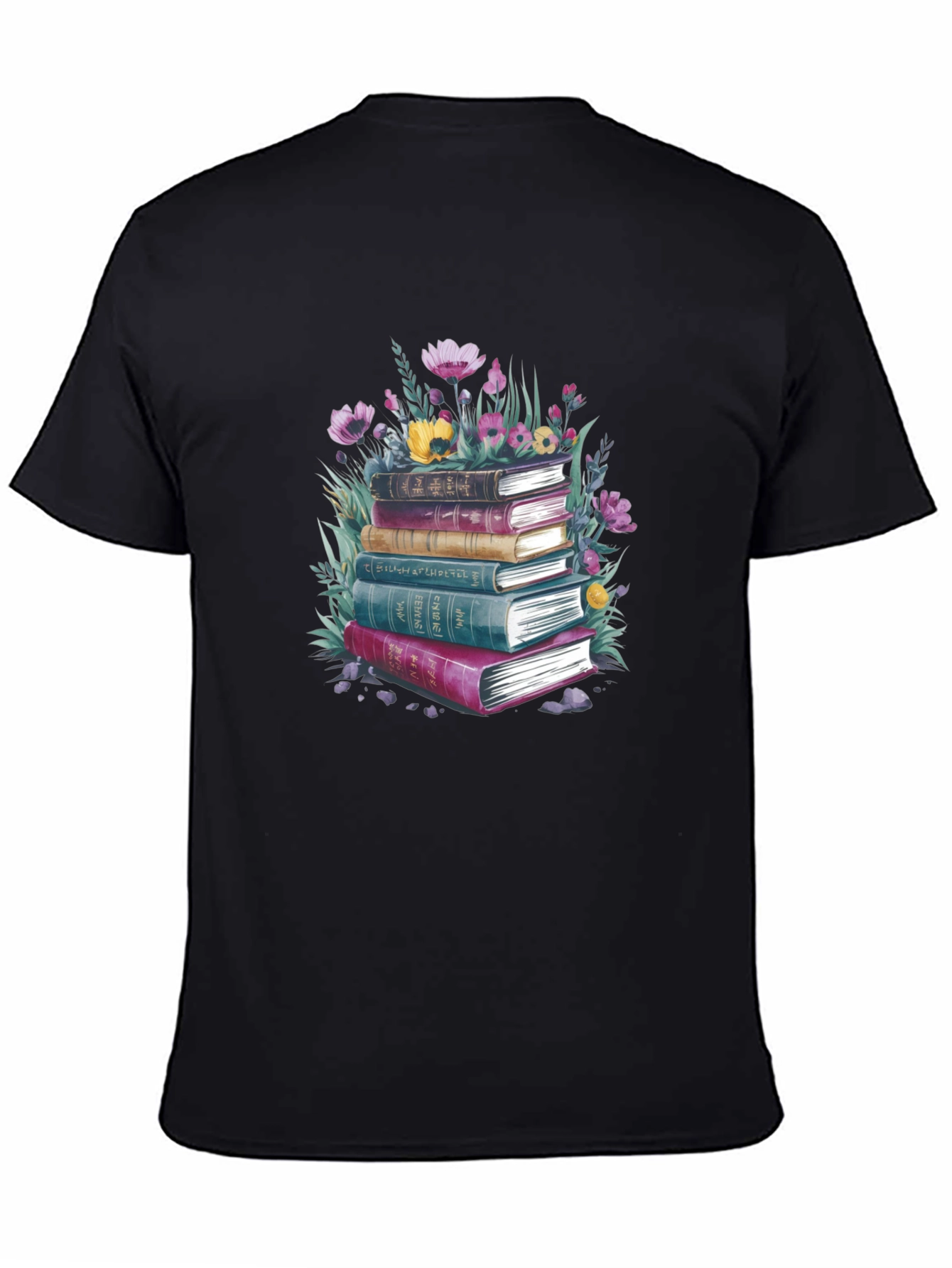 Book Stack & Floral Graphic Tee - Literary Style T-Shirt