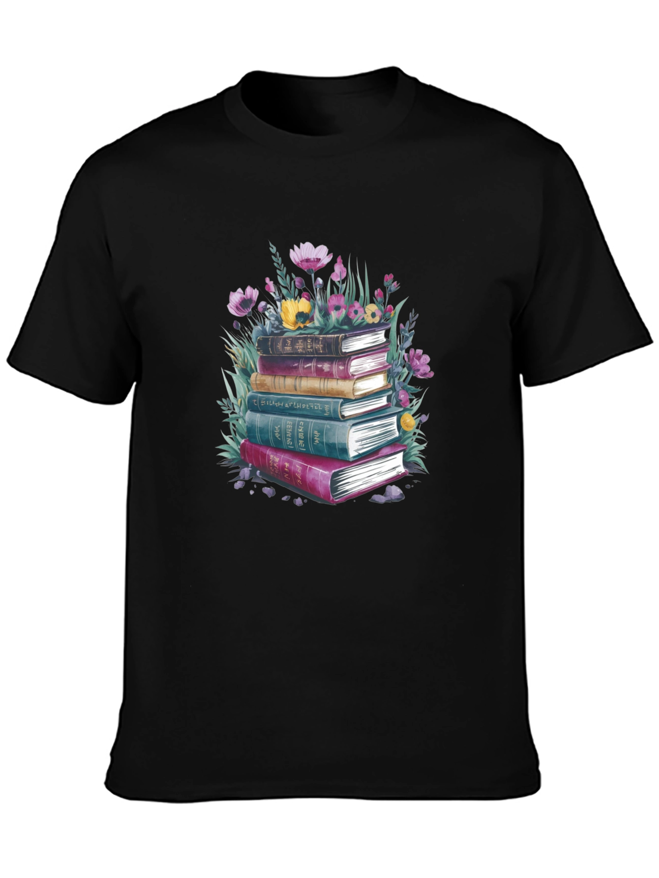 Book Stack & Floral Graphic Tee - Literary Style T-Shirt