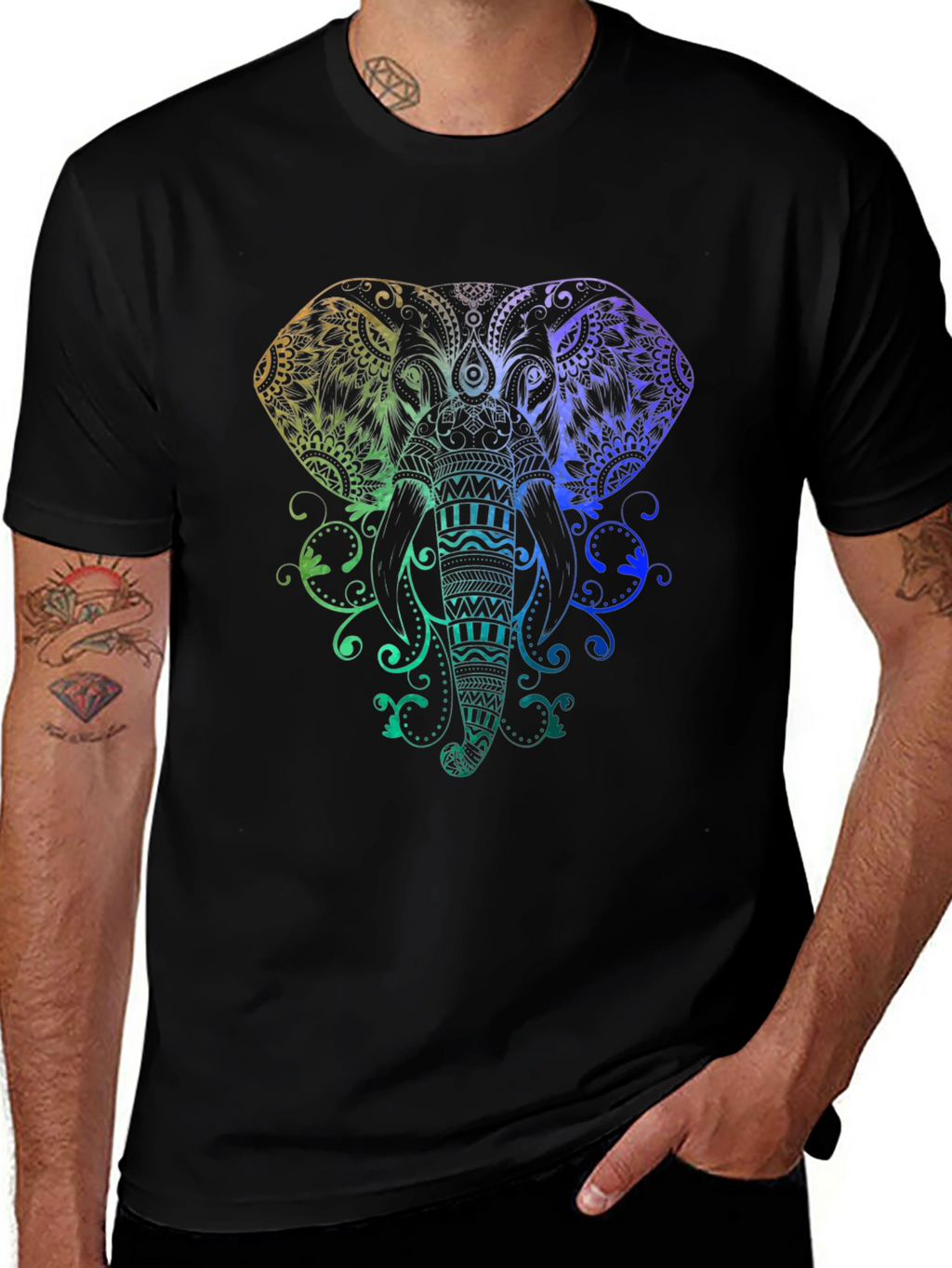 Elephant Mandala Graphic Tee - Black Cotton Shirt
