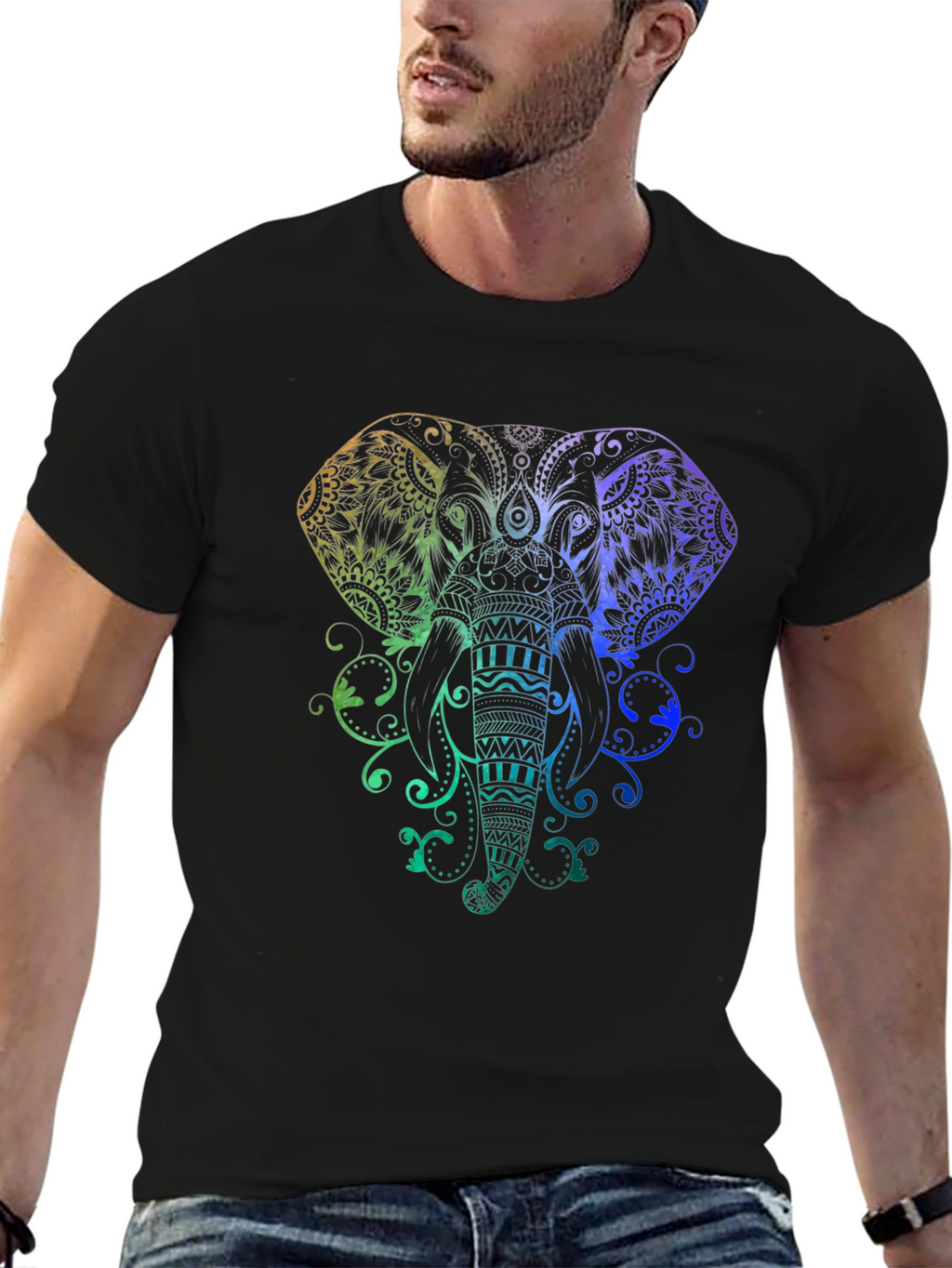 Elephant Mandala Graphic Tee - Black Cotton Shirt