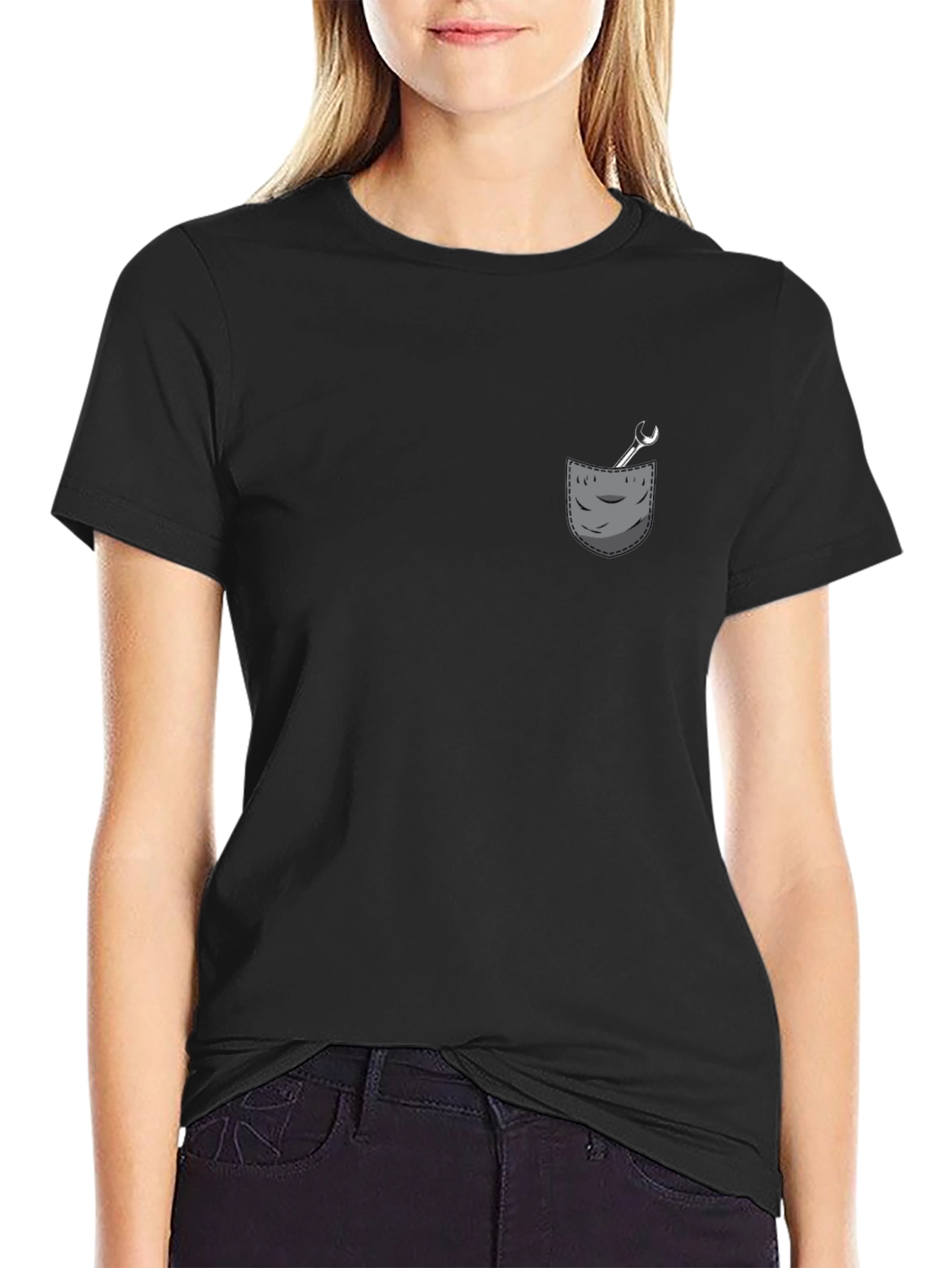 Mens Black T-Shirt with Wrench Pocket Graphic