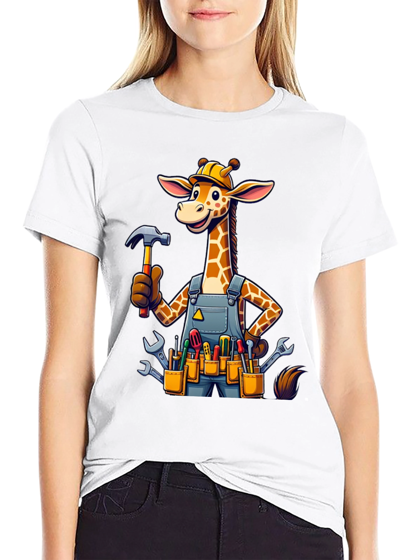 Giraffe Handyman Graphic Tee - Novelty Cartoon T-Shirt