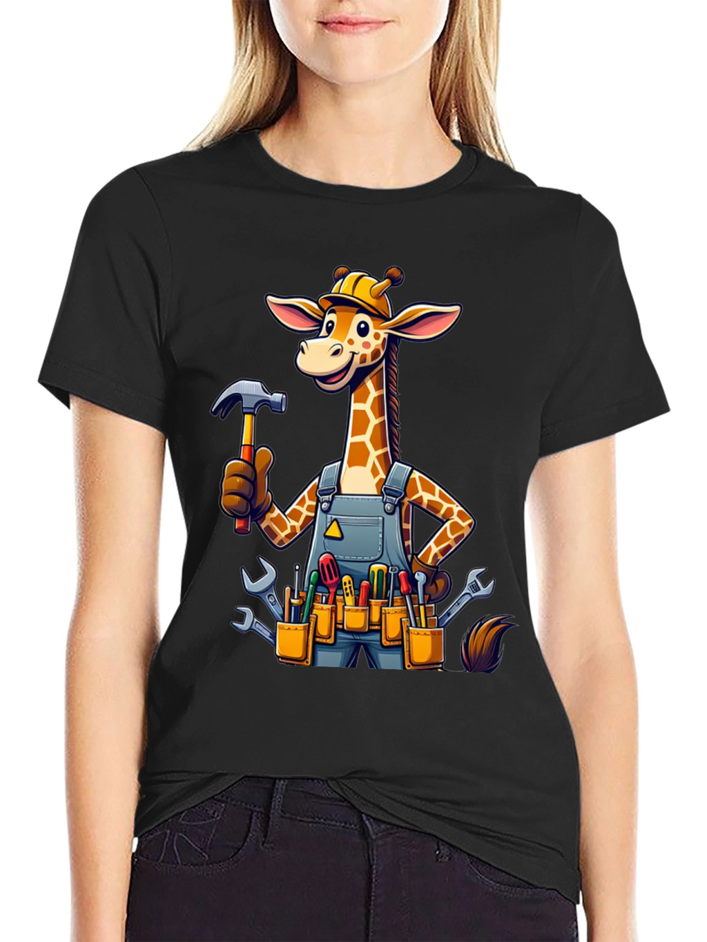 Giraffe Handyman Graphic Tee - Novelty Cartoon T-Shirt