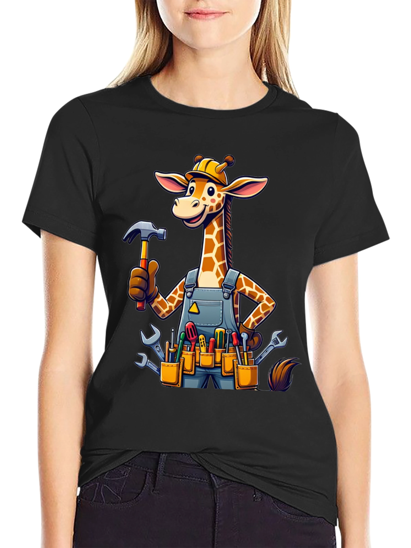 Giraffe Handyman Graphic Tee - Novelty Cartoon T-Shirt