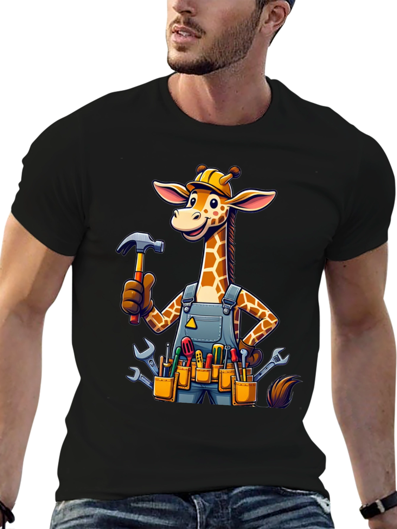 Giraffe Handyman Graphic Tee - Novelty Cartoon T-Shirt