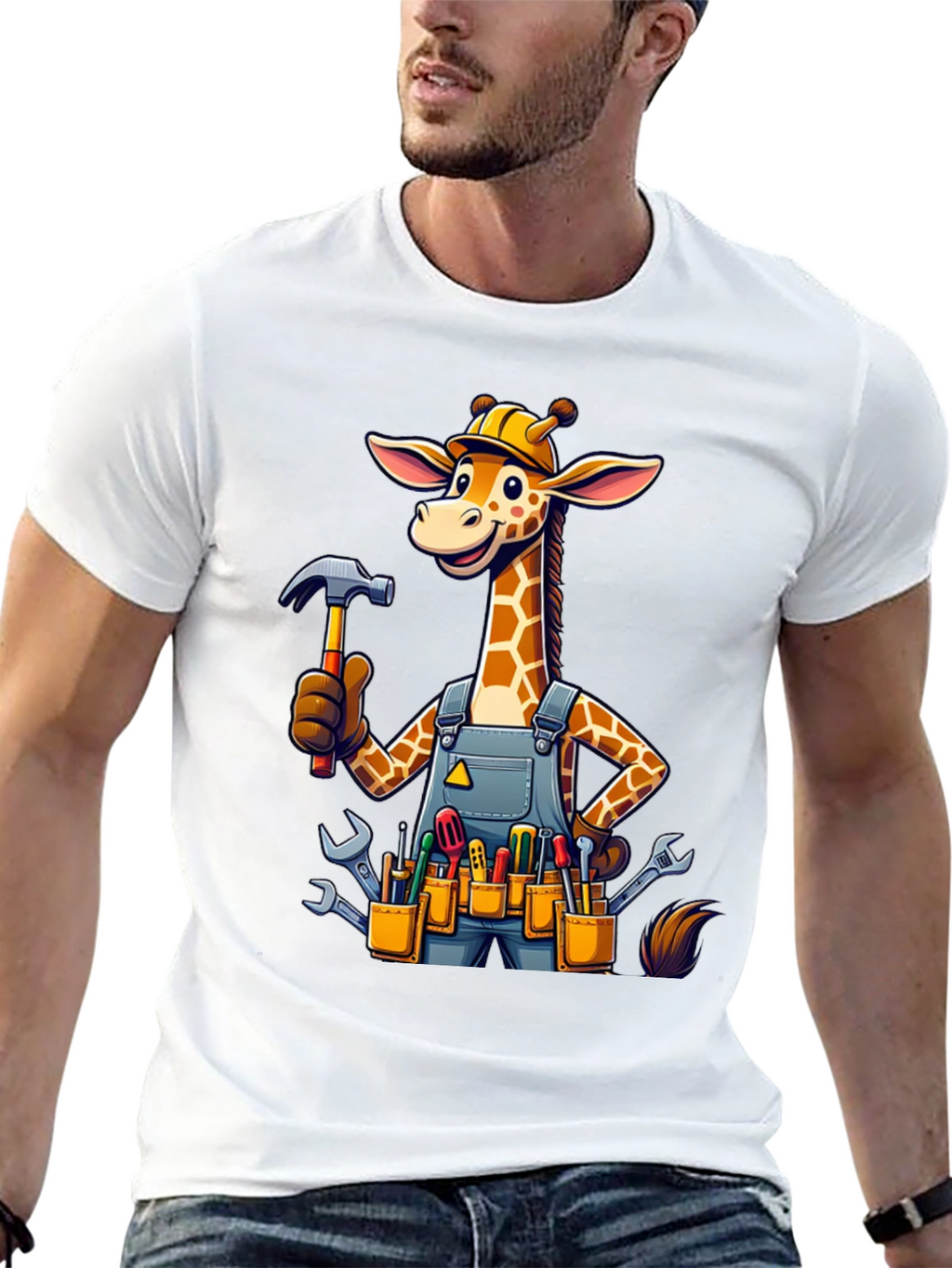 Giraffe Handyman Graphic Tee - Novelty Cartoon T-Shirt