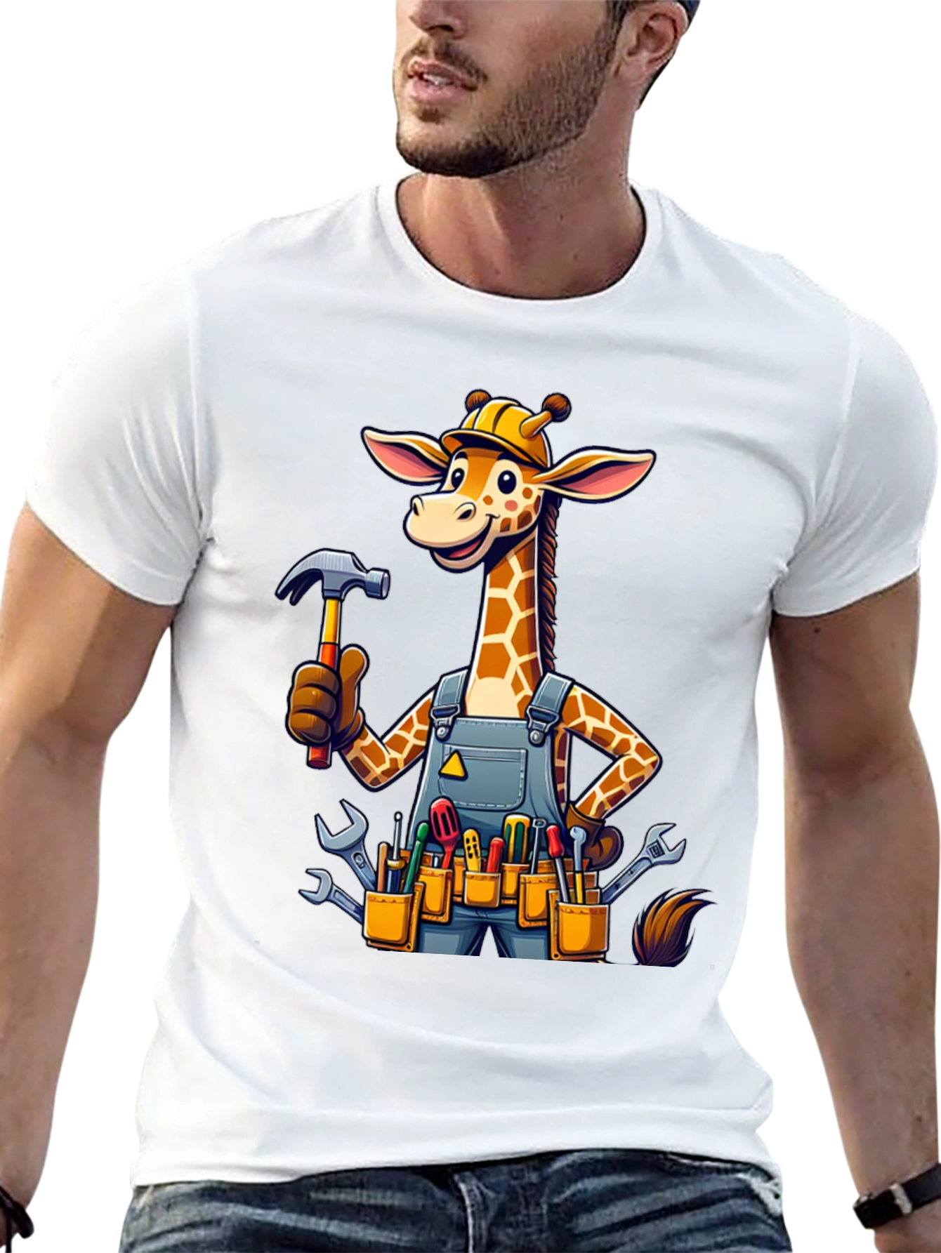 Giraffe Handyman Graphic Tee - Novelty Cartoon T-Shirt