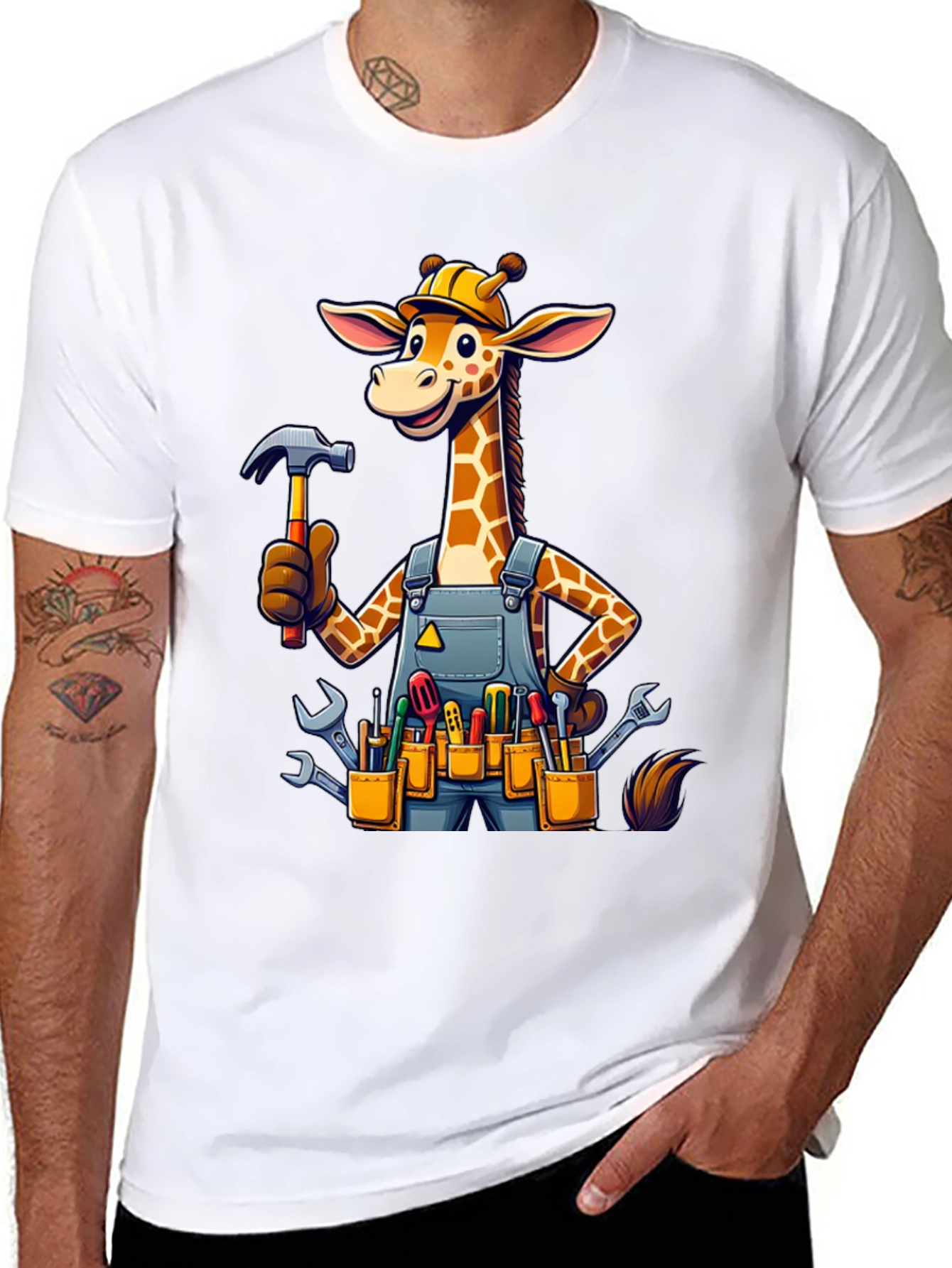 Giraffe Handyman Graphic Tee - Novelty Cartoon T-Shirt