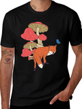 Fox and Mushroom Graphic Tee - Unisex Black T-Shirt