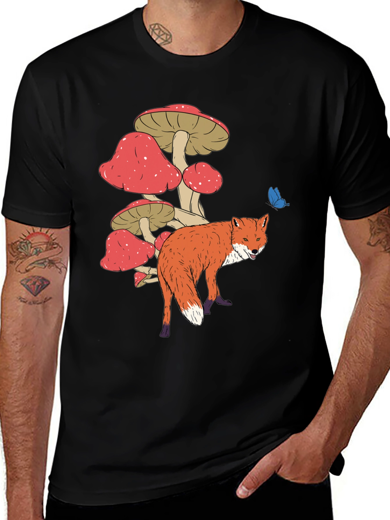 Fox and Mushroom Graphic Tee - Unisex Black T-Shirt