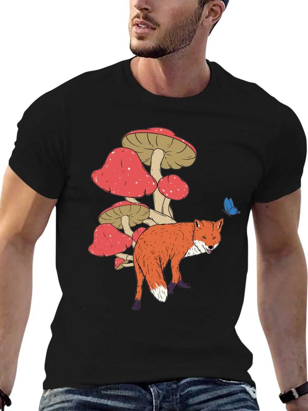 Fox and Mushroom Graphic Tee - Unisex Black T-Shirt