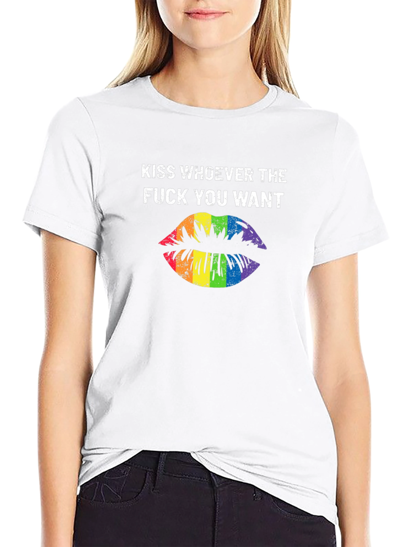 Kiss Whoever You Want Rainbow Lips Graphic T-Shirt