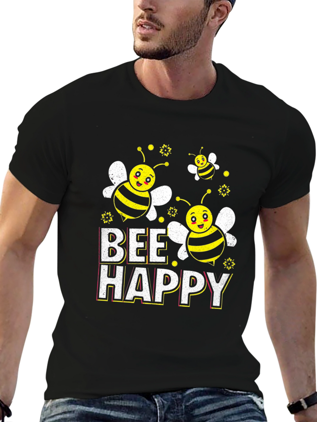 Bee Happy Graphic T-Shirt - Black Cotton Tee