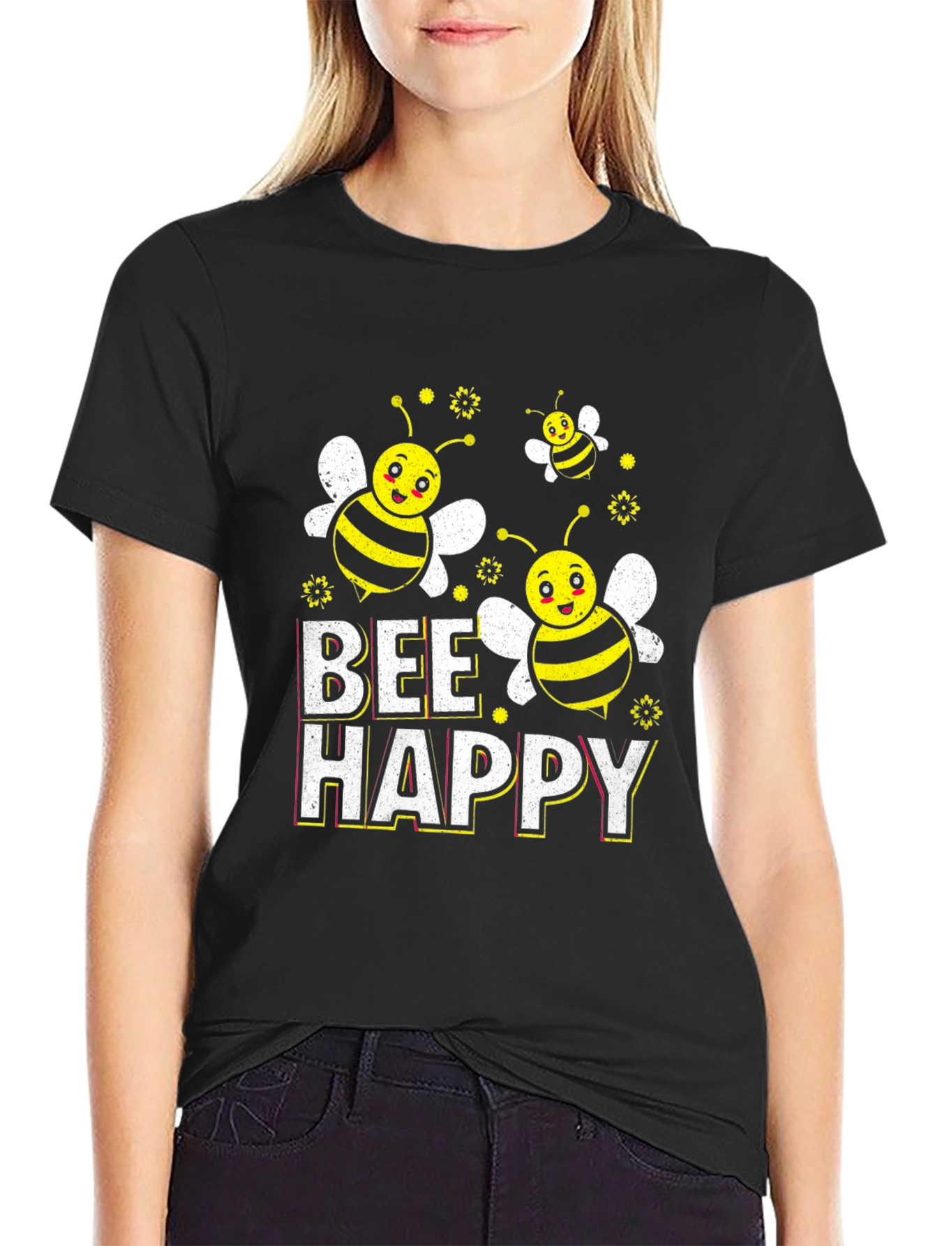 Bee Happy Graphic T-Shirt - Black Cotton Tee