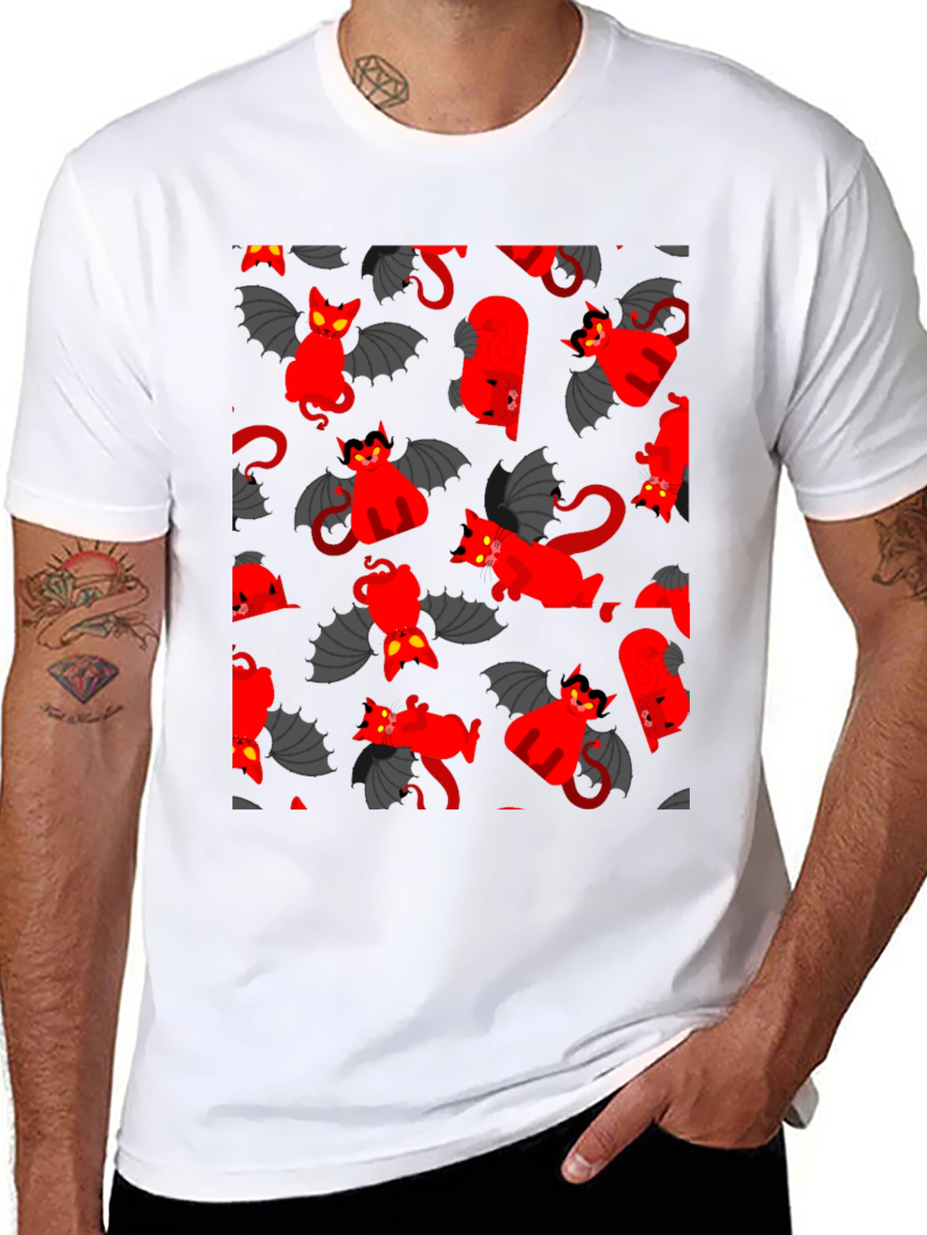 Devil Cat Pattern T-Shirt - Unique Gothic Style Tee